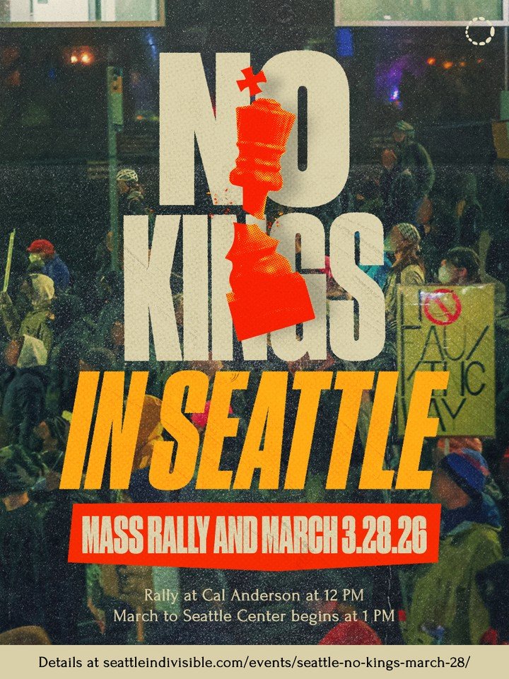 Join millions across the nation for the Seattle No Kings Rally and March 📢

Rally starts at 12 PM PST, and the march begins at 1 PM PST and goes from Cal Anderson park to Seattle Center.

Want to meet up with us there? Check the second slide to see 