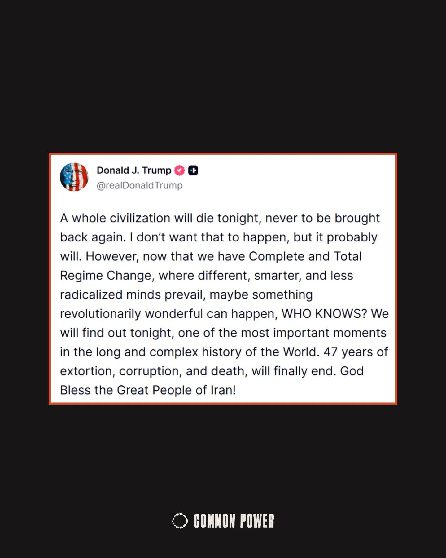 Threatening genocide isn&rsquo;t a negotiation tactic or sane language from the PRESIDENT of The United States.

Although a two-week ceasefire seems to be in place, we cannot normalize this!