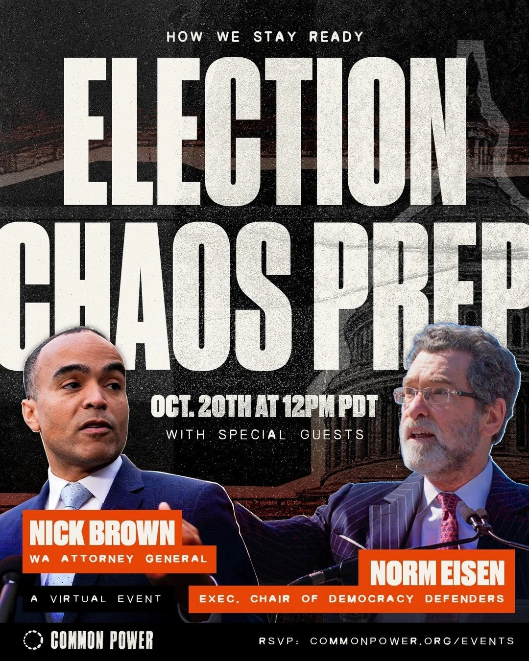 We&rsquo;re 19 days away from Nov. 3rd, and election protection is becoming an important priority for our volunteers on the ground.

We&rsquo;ve brought in experts, @nickbrownnow &amp; @norm.eisen, to discuss how they&rsquo;re preparing for threats a