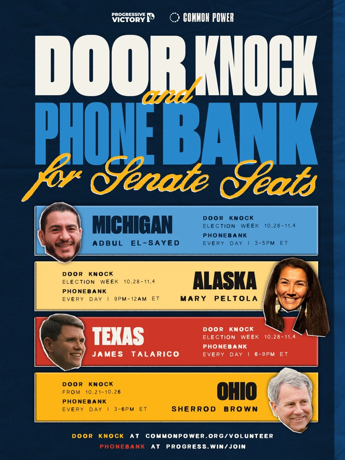 Why choose between knocking on doors or phone banking when you can do both 😉

Common Power and Progressive Victory are rallying behind @&zwnj;abdulelsayed, @marypeltola, @jamestalarico, @sherrod for the Midterms!

Ready to help them win? Sign up to 