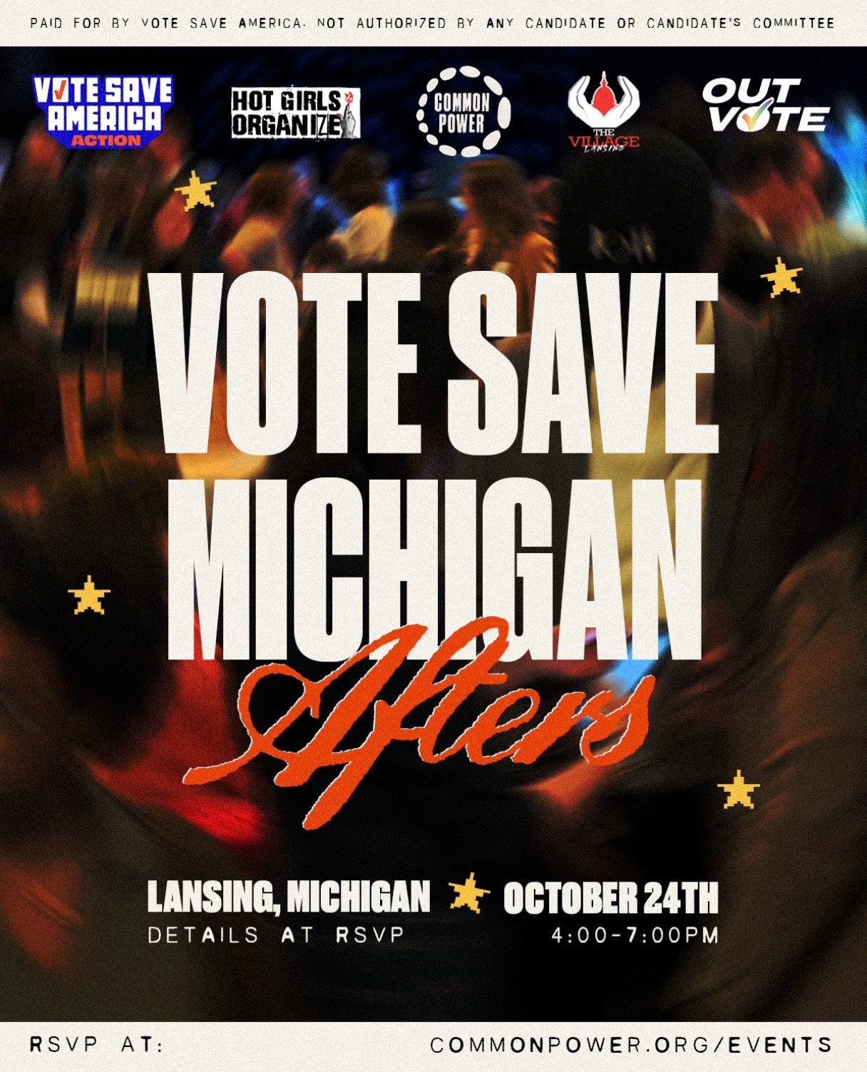 Cast your ballots for the first day of early voting in Michigan, and join us and @votesaveamerica @hotgirlsorganize @outvotehq and @thevillagelansing for the afters ⭐️🍺

🌟 Saturday Oct. 24th from 4 - 7pm. RSVP for the location details.