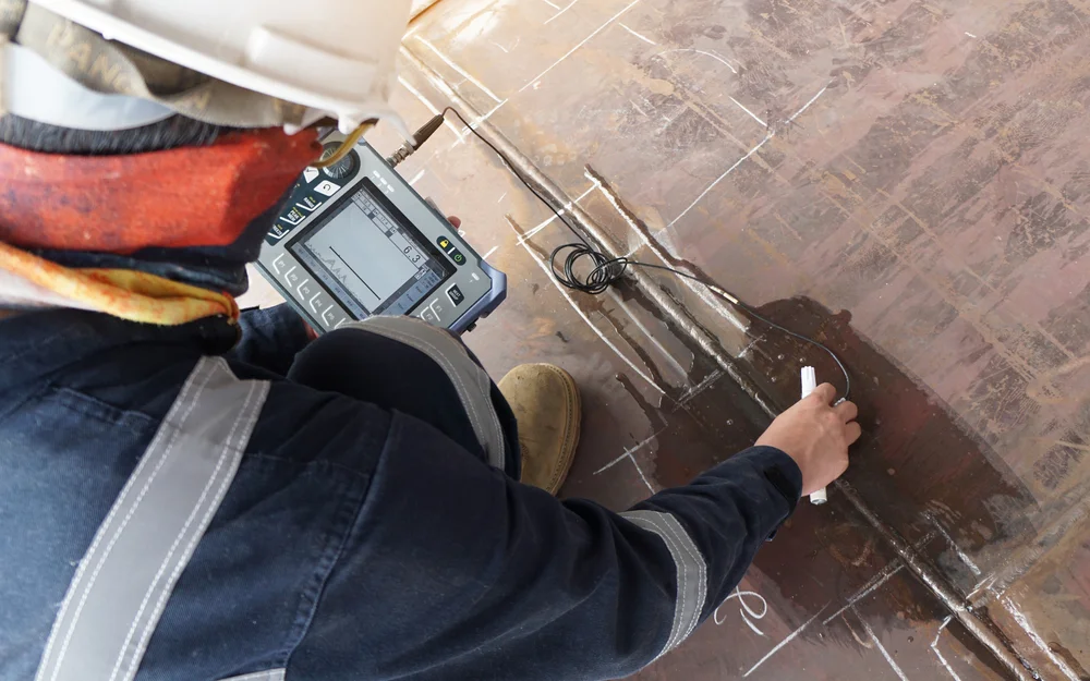 An NDT specialist testing a metal surface