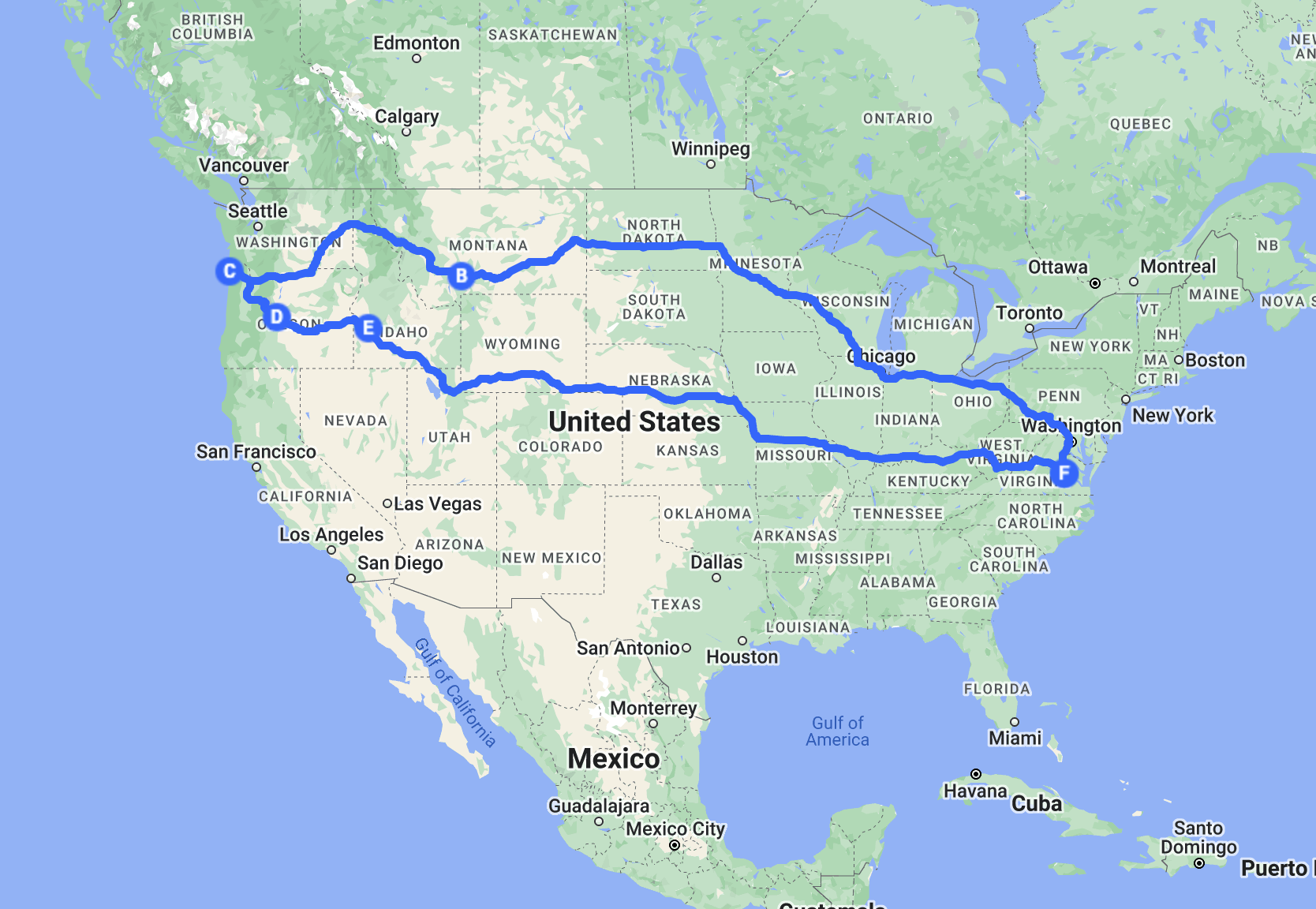 Map of a road trip route across the United States from the East Coast to the West Coast, passing through Chicago, North Dakota, Montana, Idaho, and ending in Seattle.