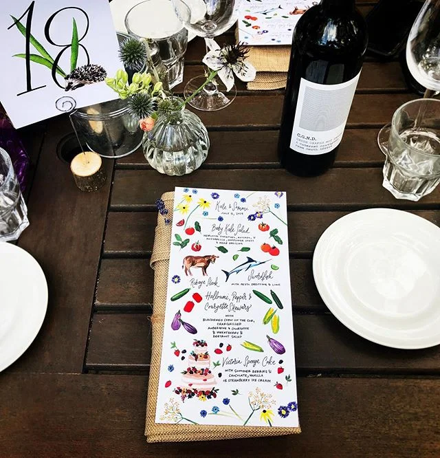 That menu 🐟🐄 with the prettiest cake! 🌸🌿Kate &amp; Sammi🌿 #weddingmenu .
. Styling by @livingwithlipa