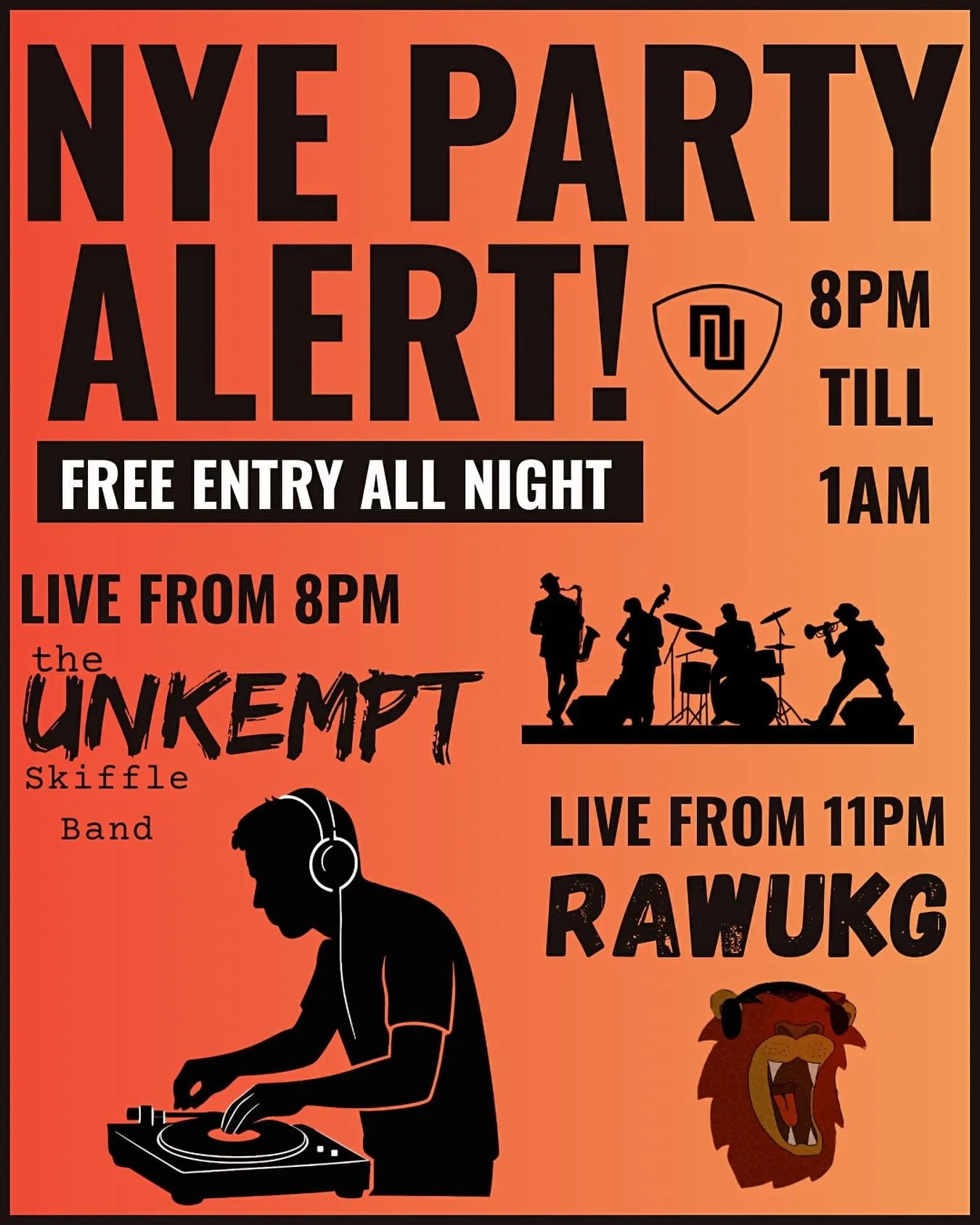 🎉NYE @ NU 🎉
Join us for our first ever NYE party!

Local favourites The Unkempt will be kicking off the night from 8pm! 

With RAWUKG bringing the sound, style and bass from 11pm until 1am!

Grab your mates and join us for the countdown! 🥳 
Music,