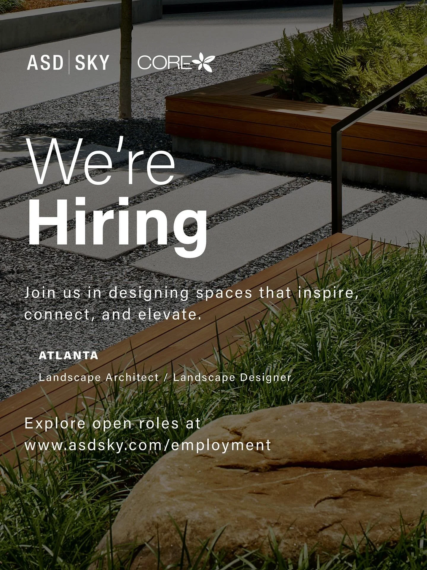 We&rsquo;re hiring! Core Landscape, a division of ASD|SKY, is looking for landscape architects and designers to join our team. If you&rsquo;re creative, driven, and ready to make an impact, we&rsquo;d love to hear from you.&nbsp;
&nbsp;
Explore open 