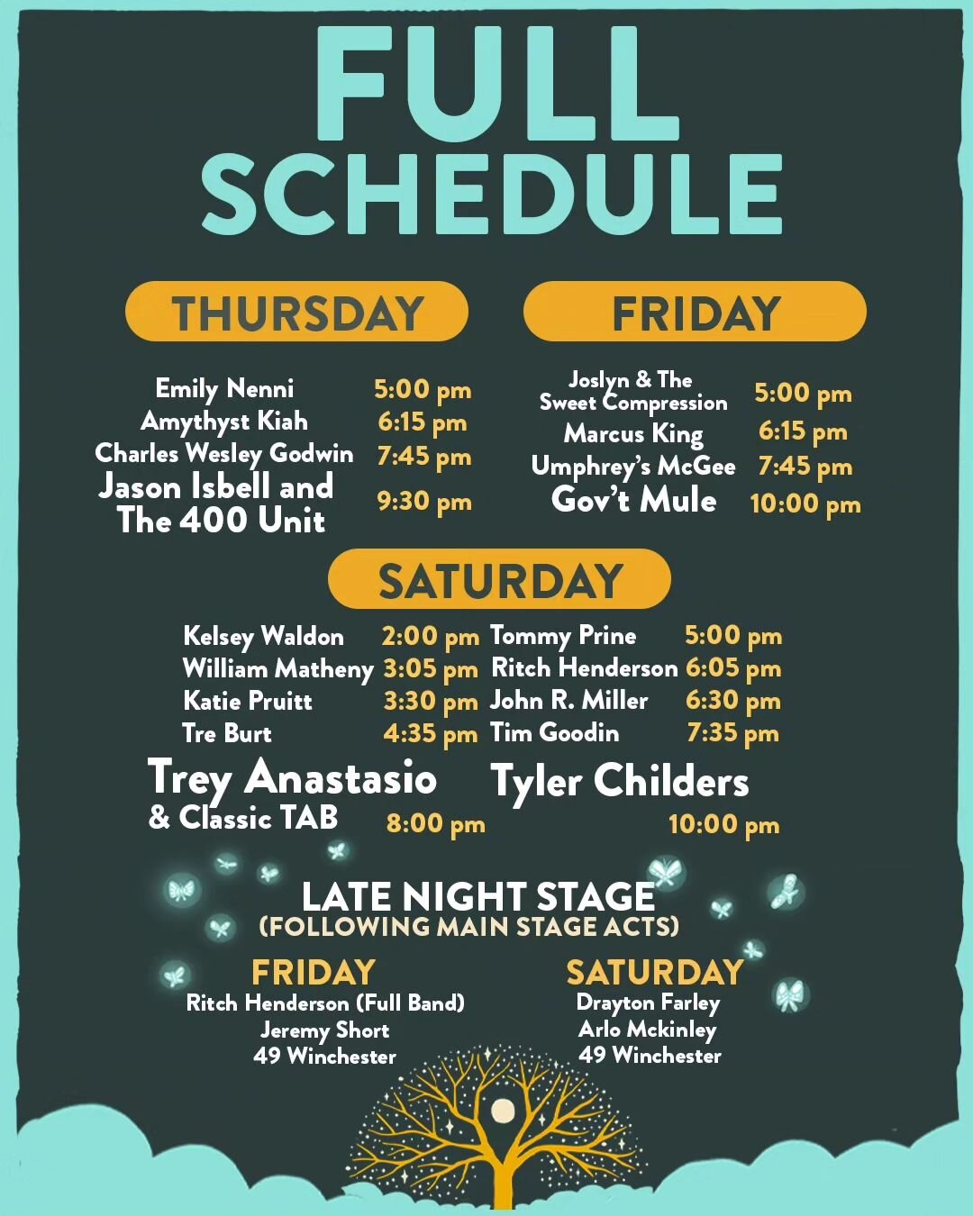 The daily lineup and set times have dropped!

Plan your day to catch all your top acts and discover new artists on the rise.

Grab your Single Day or Three Day Pass now at: bit.ly/HealingAppalachia2023