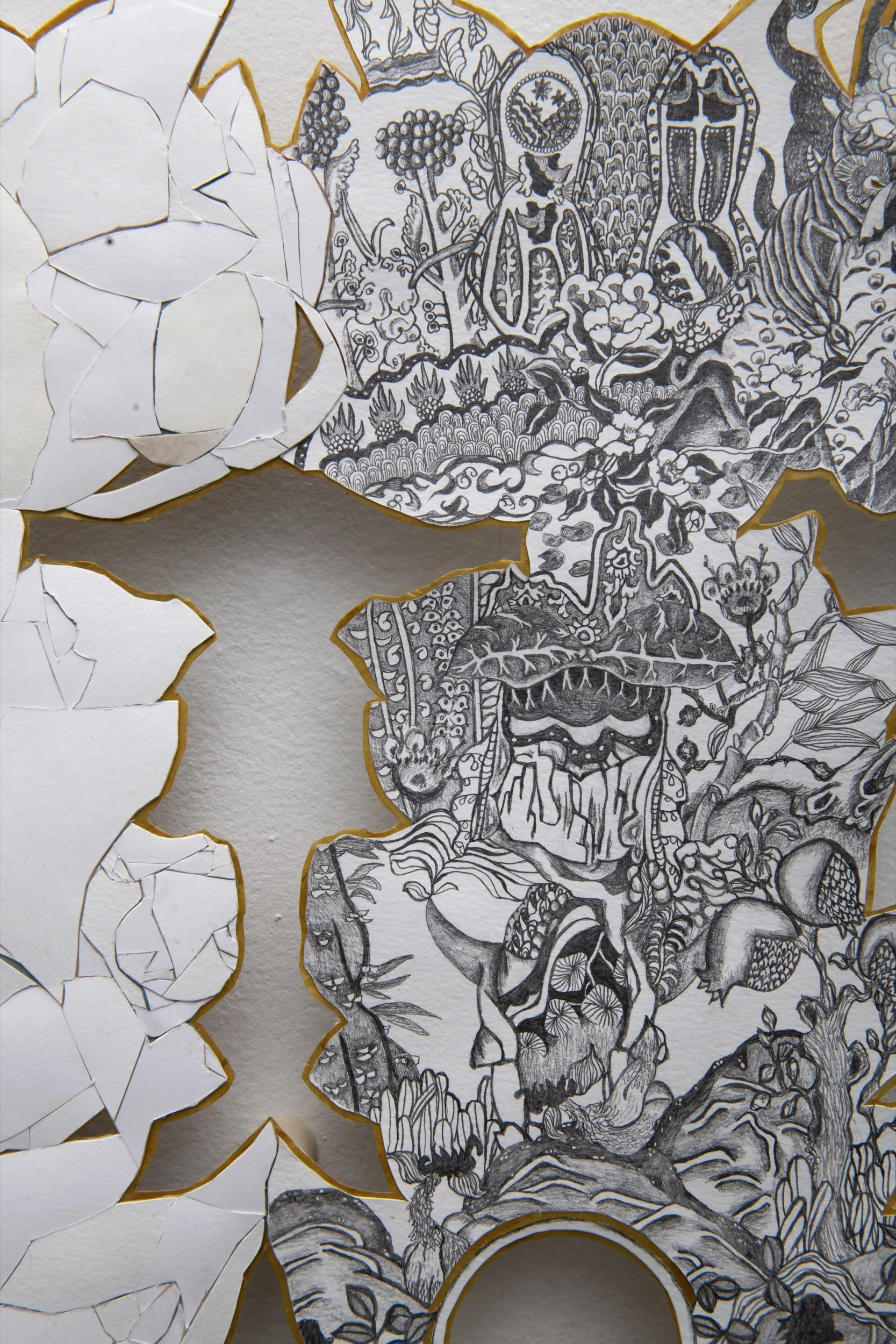 Votive Crown, pencil, paper, hanji, 17 x 16 inches, 2025 (detail)