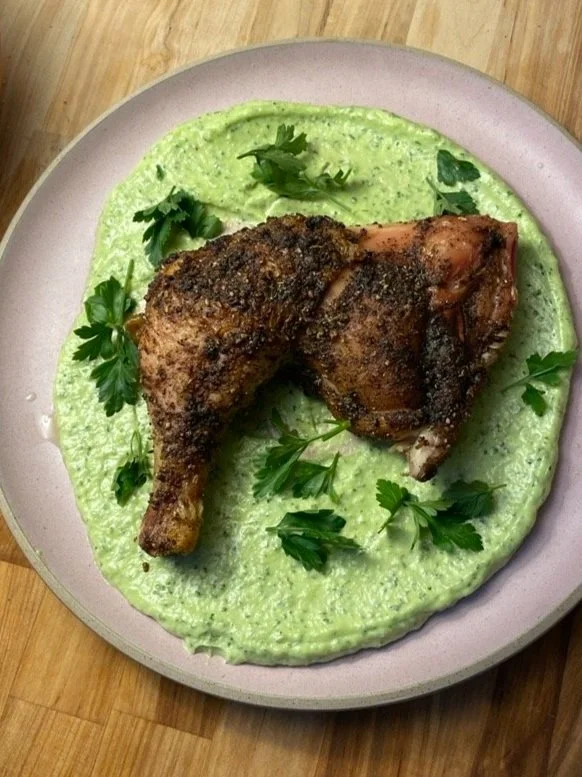 CRISPY SKIN ROAST CHICKEN WITH SPECIAL SEASONING AND GREEN TOUM