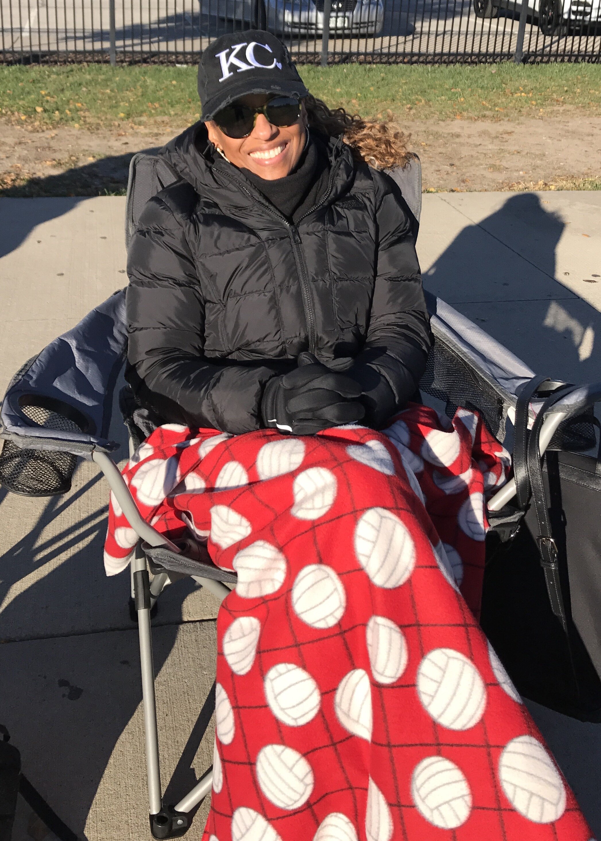 Michelle all bundled up for her youngest daughter’s soccer game in Kansas City. 