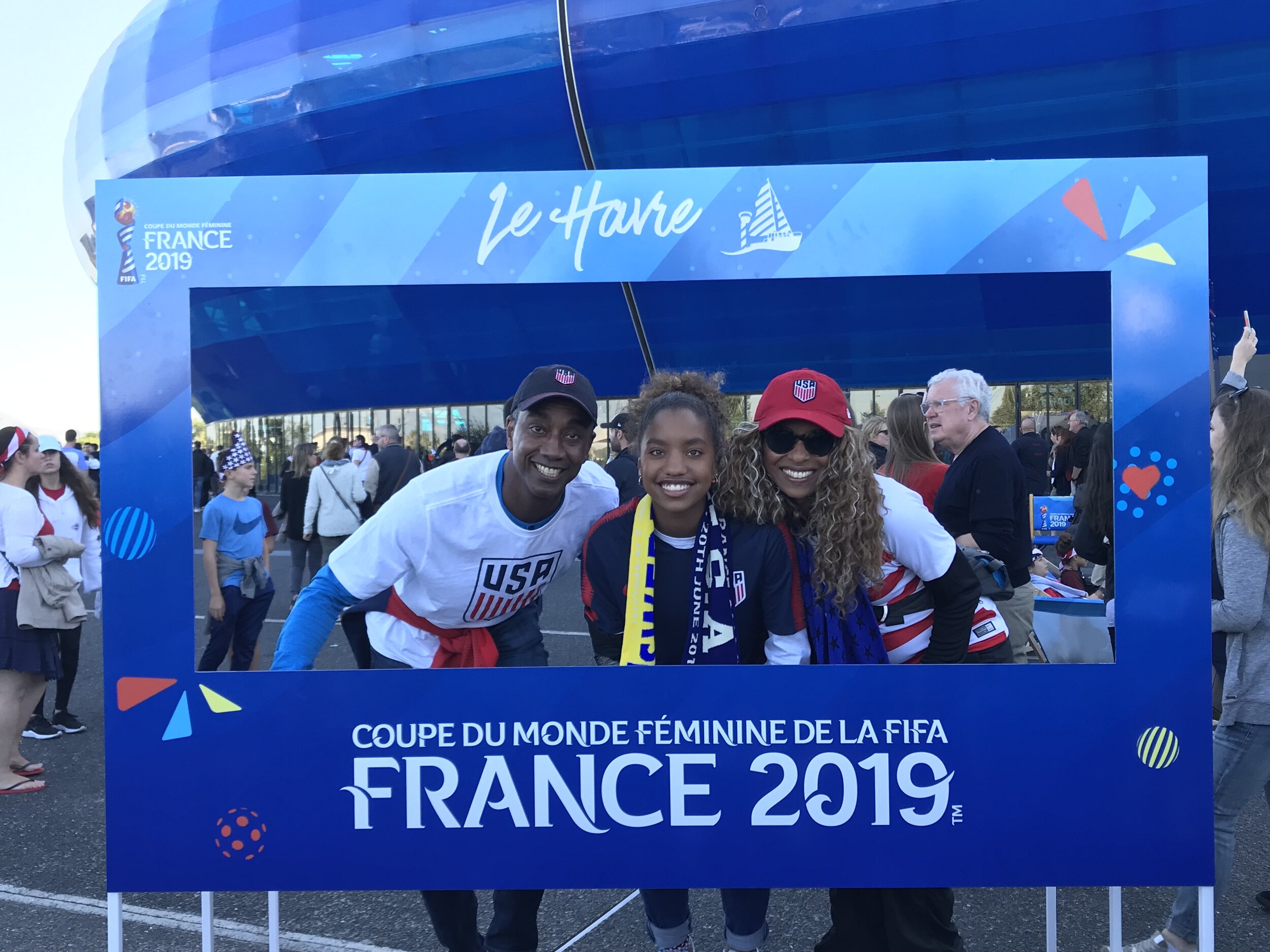 Michelle &amp; hubby with youngest daughter, Saige, a soccer player at 2019 Women’s World Cup in Le Havre, France. 