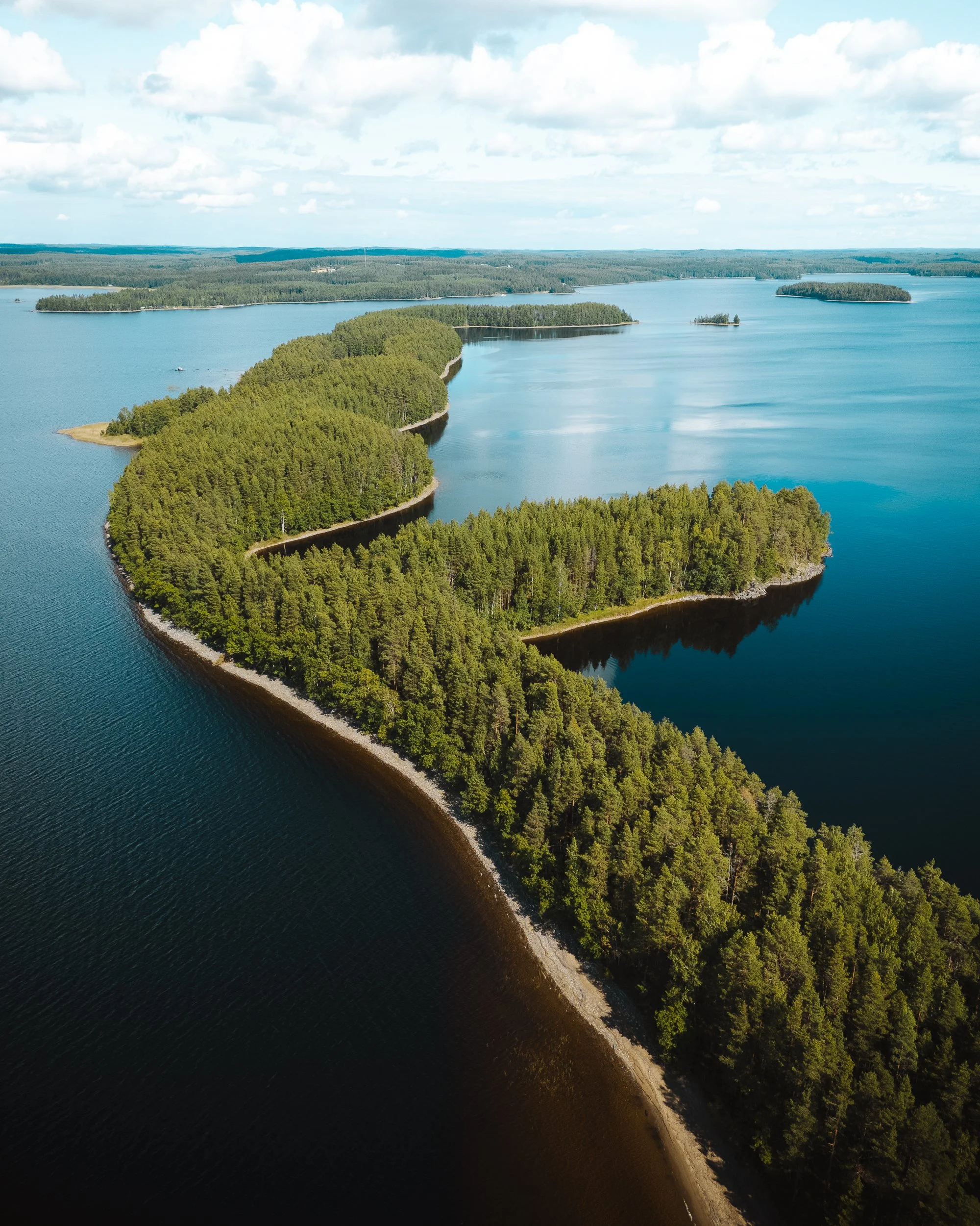 Aerial view of a lake with several tree-covered islands and a shoreline with dense forest under a cloudy sky.