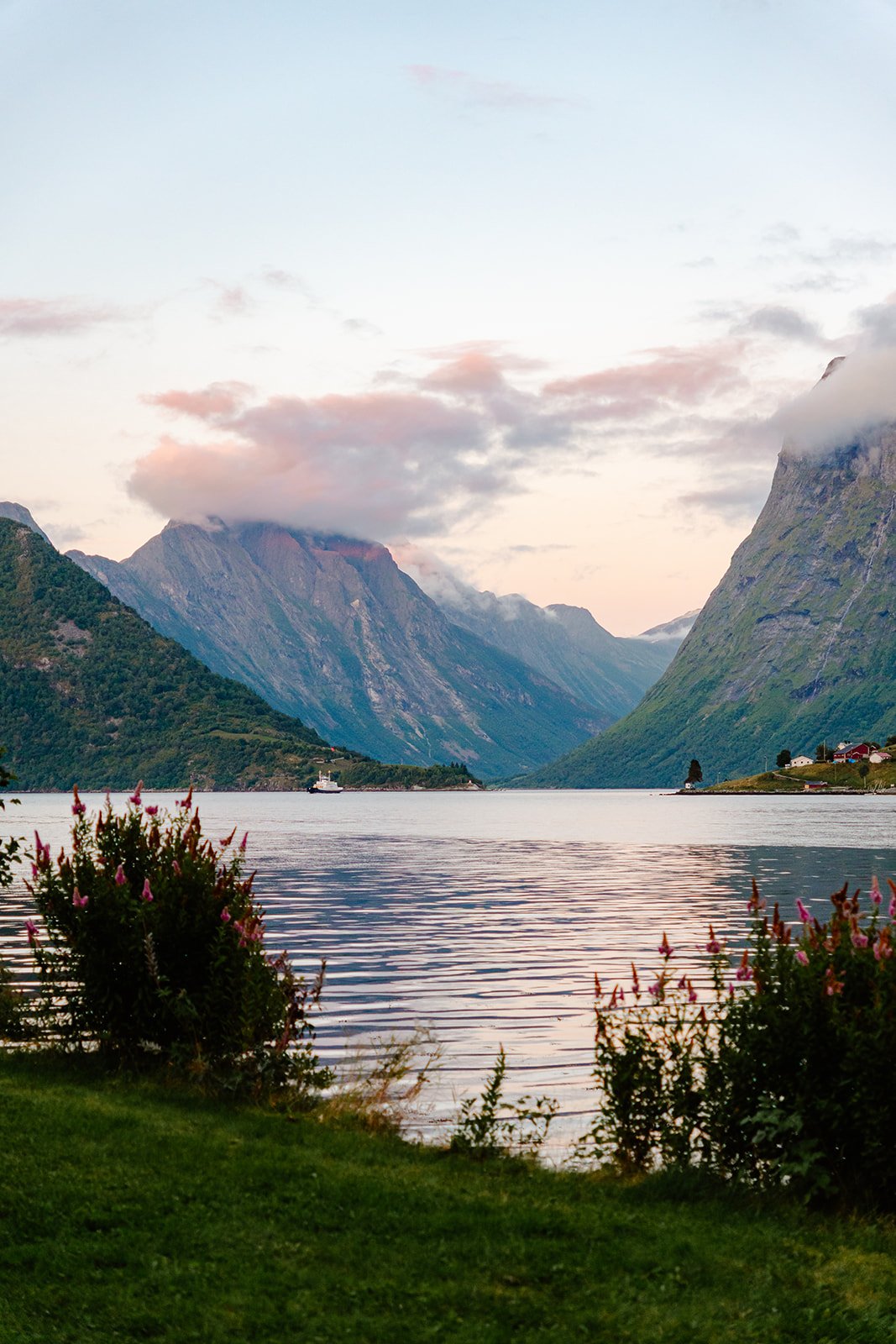 A tranquil fjord landscape with mountains partially covered in clouds, water reflecting the sky, some boats, and greenery with pink flowers in the foreground.