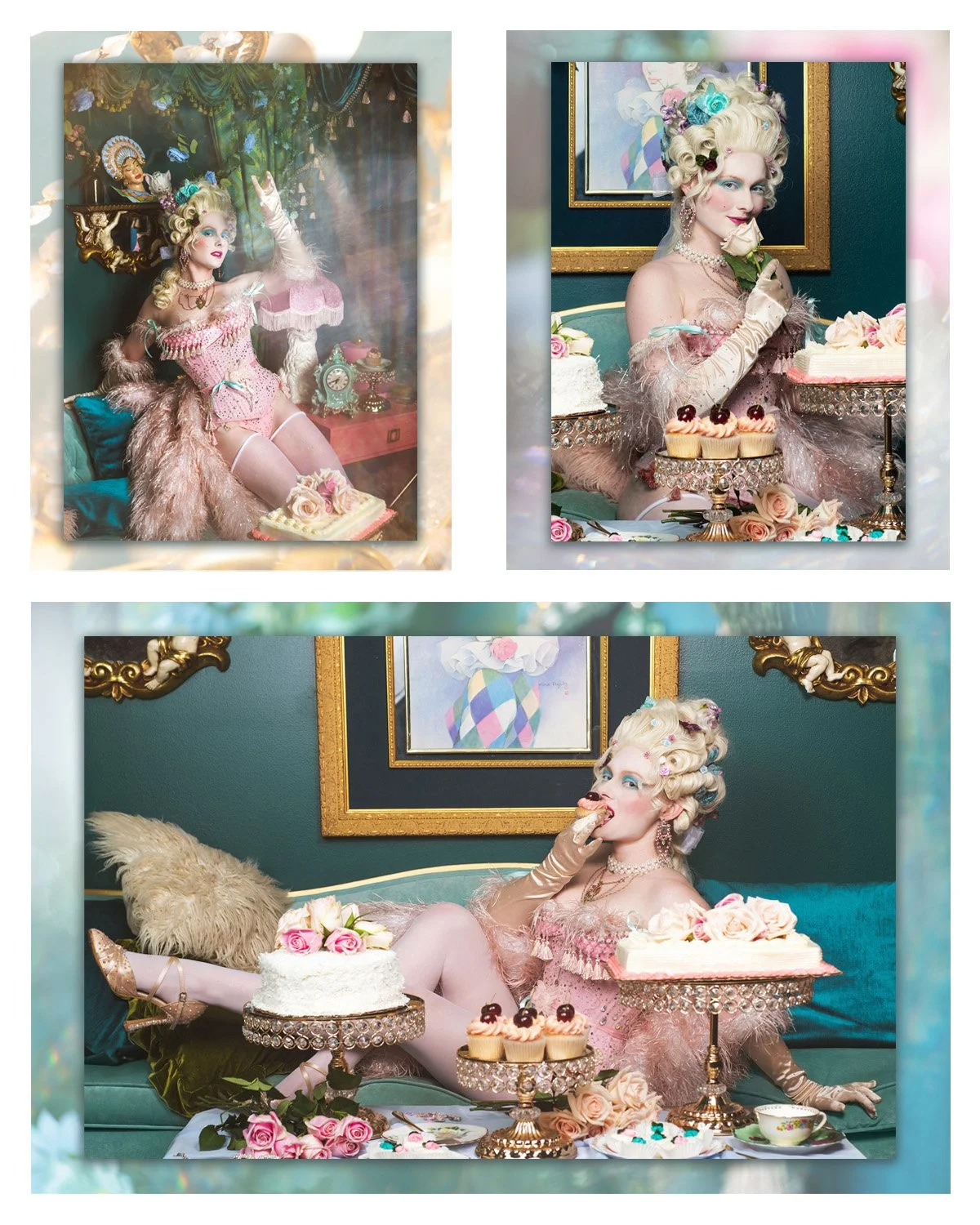 Collage of a series of images of a woman dressed as Marie Antoinette. She poses in a turquoise room with an ornate blue couch. She wears a white blonde wig styled with flowers, and a sparkling pink outfit. She is surrounded by decadent desserts.
