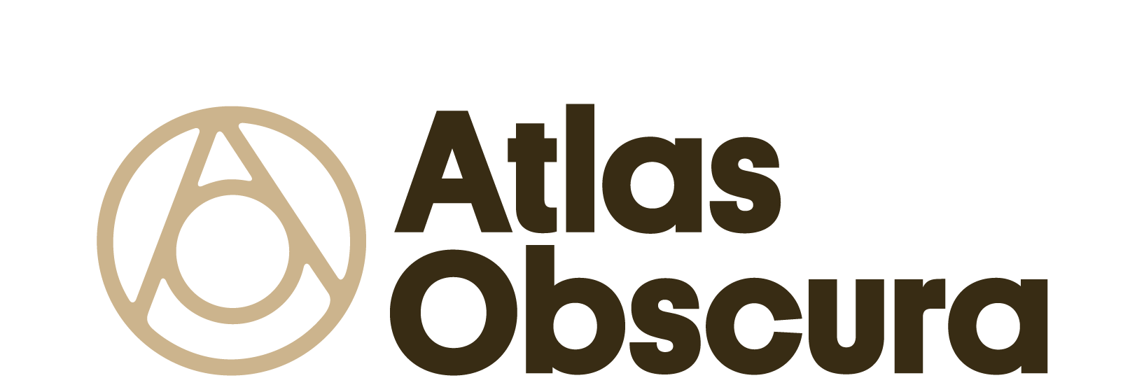 Logo for Atlas Obscura. Logo features brown sans serif typeface and a beige stylized A and O graphic