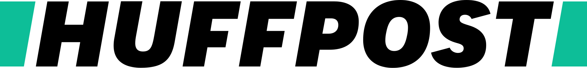 Huffpost logo. It features black bold sans-serif all caps typeface with green shapes on either side