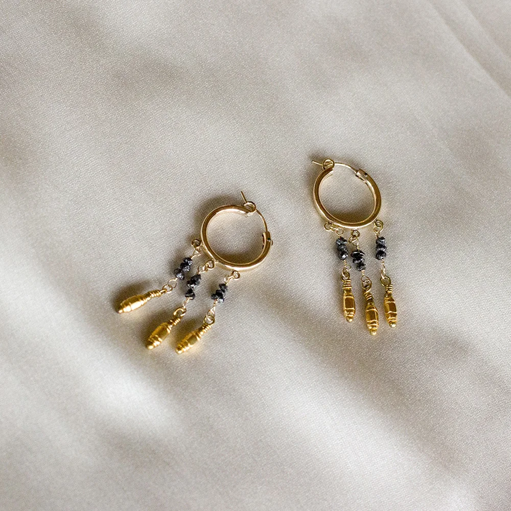 Gold Hoop Earrings with Black Diamond Chips