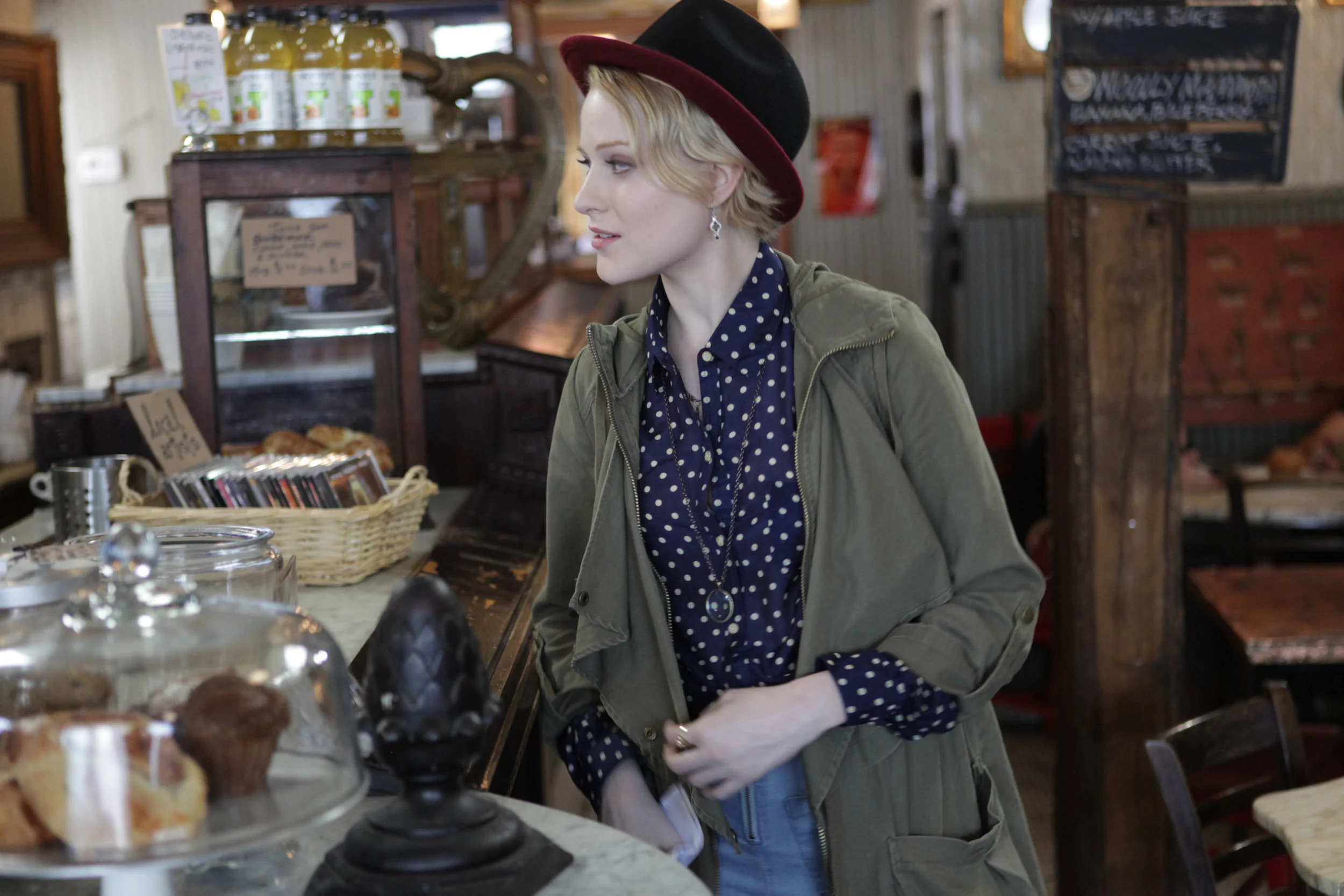 Evan Rachel Wood in Polkadots, Army jacket and Hat.JPG