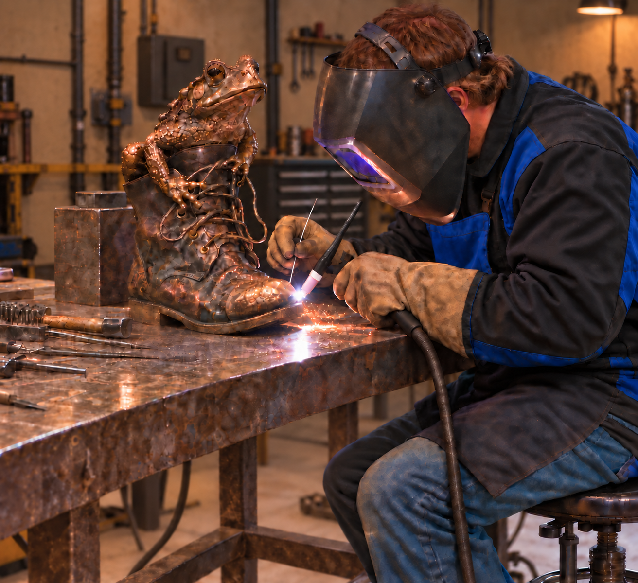 Metalworker welding a bronze sculpture of a frog on a boot