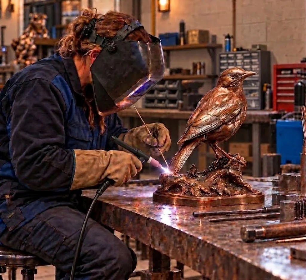 Welding a bronze bird sculpture by Eric Thorsen