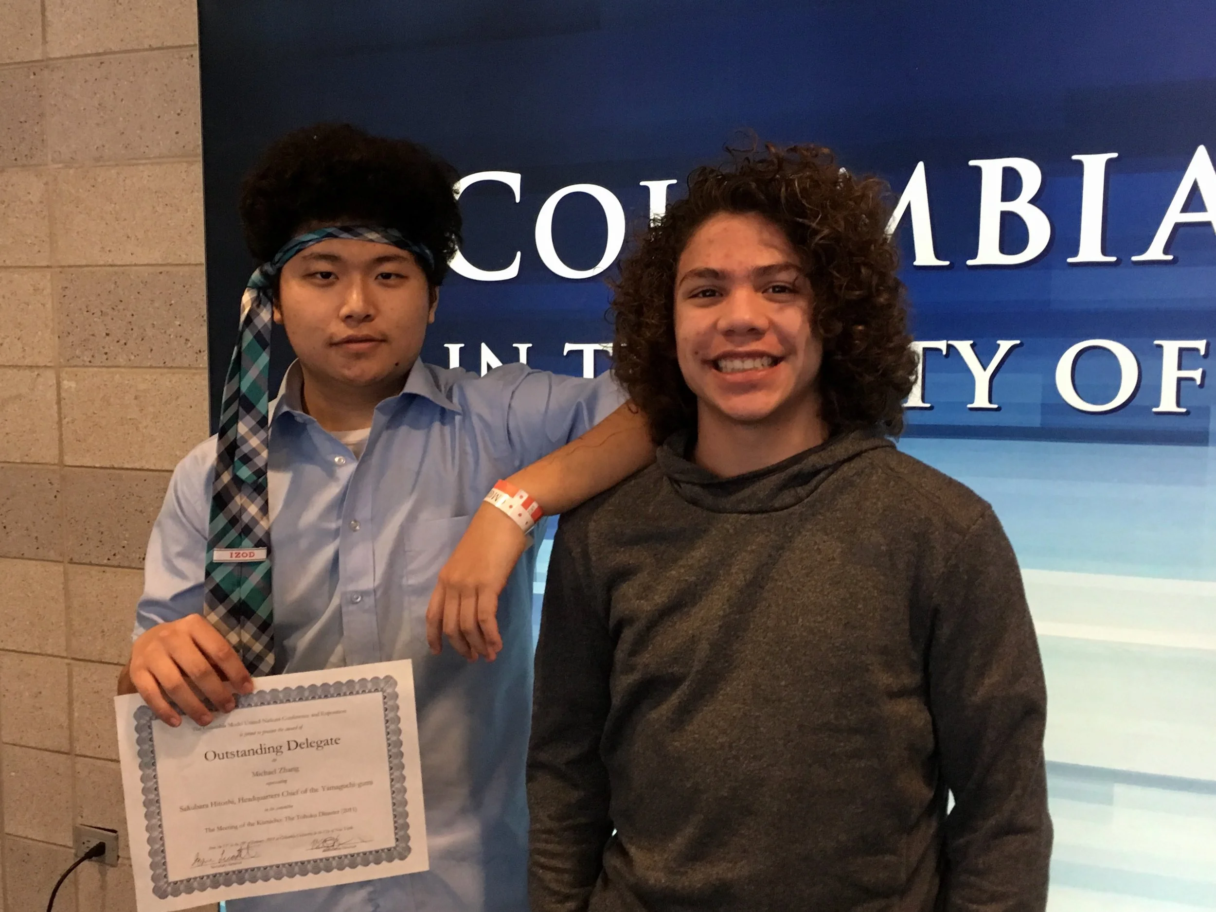 Borui Zhang and Marcus Hauan pose after being recognized for excellent performances in their committees.