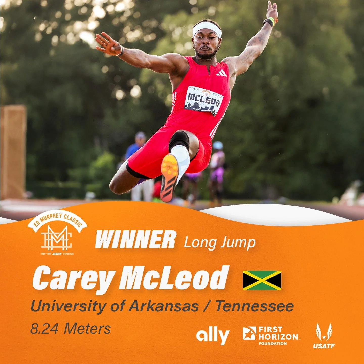 Carey McLeod soared to 8.24m in the men&rsquo;s long jump! #EdMurpheyClassic @airbornecarez__17