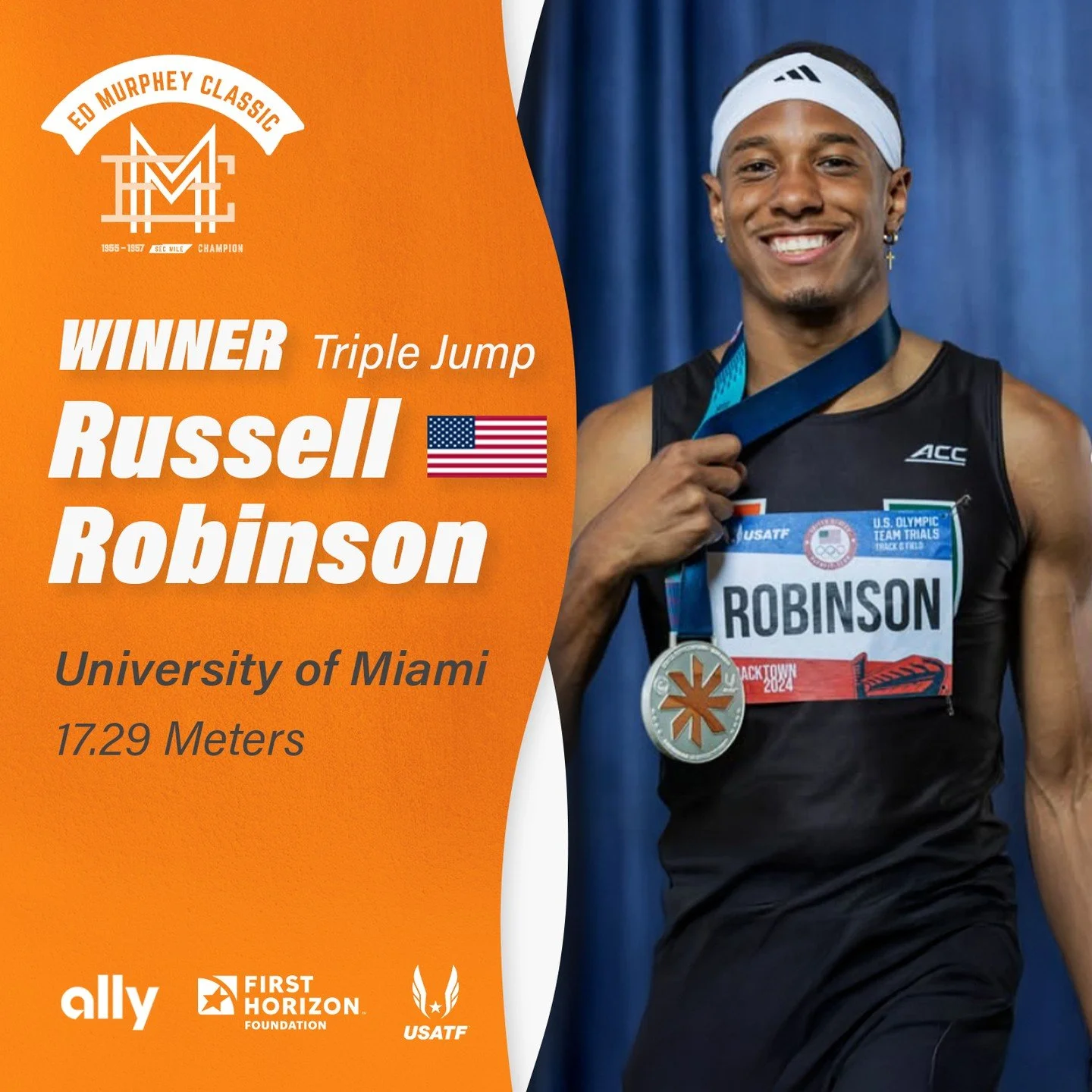 Russell Robinson took over the men&rsquo;s triple jump with a 17.29m leap! #EdMurpheyClassic @russellrobinson_