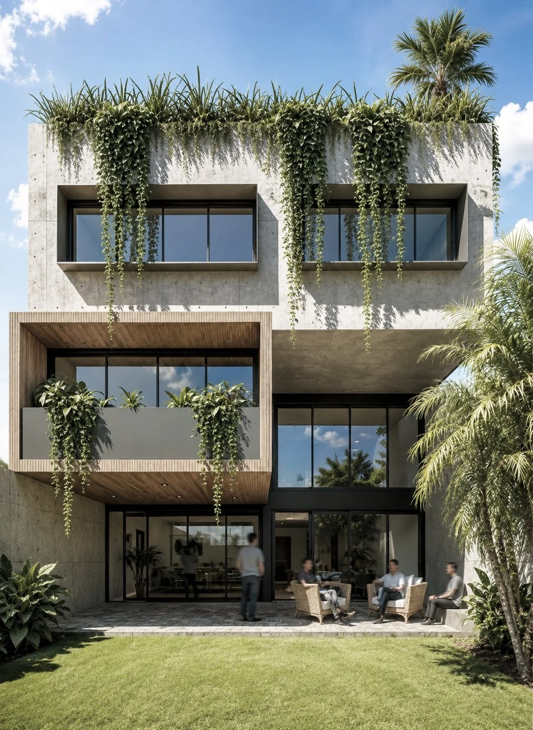 Casa Aurora en Miraflores – vista desde el jardín con volumen en voladizo revestido en madera y terraza – ECKE arquitectos