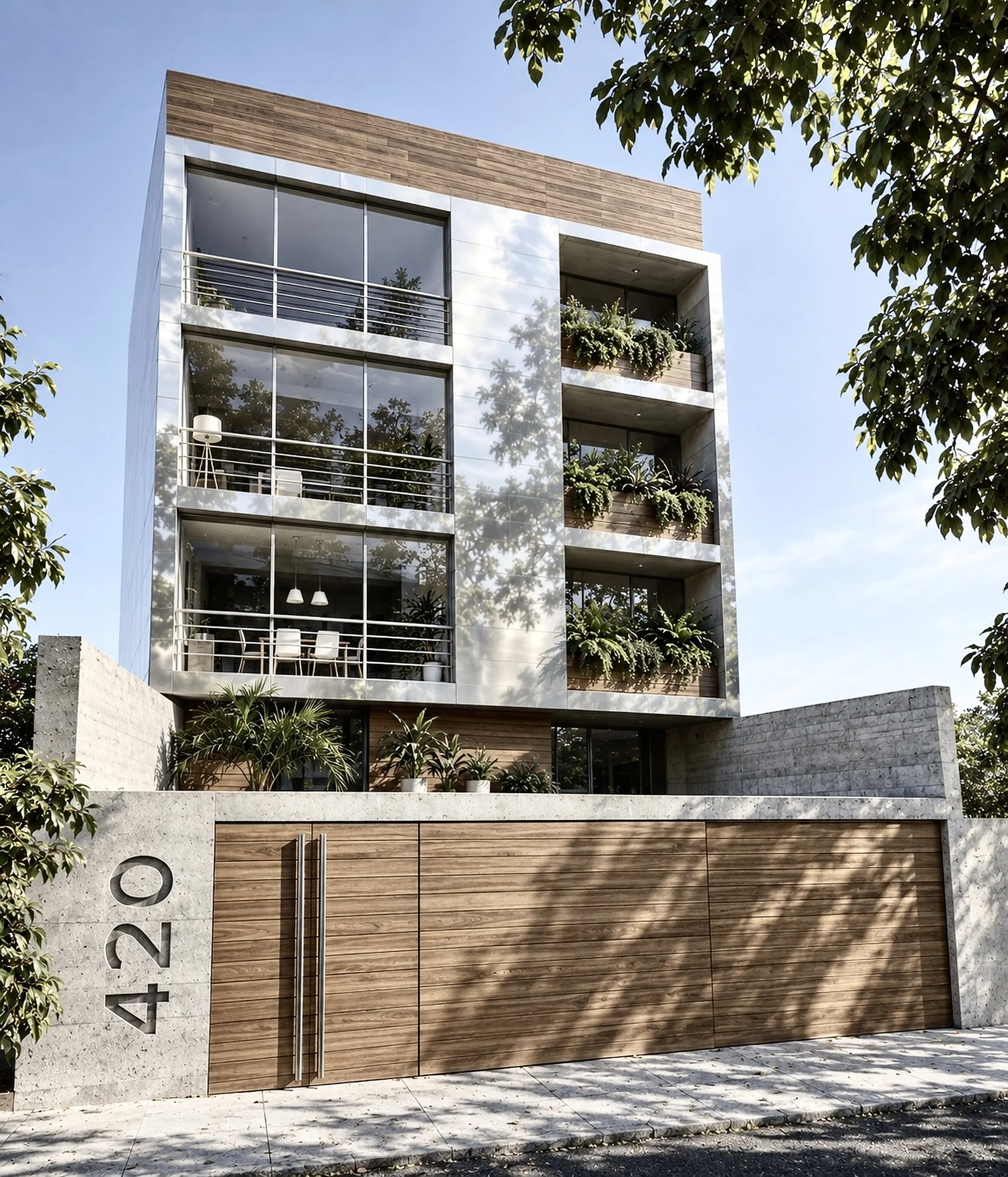 Edificio 420 en Chacarilla, Surco – fachada de planchas metálicas reflectantes con jardineras y portón de madera – ECKE arquitectos