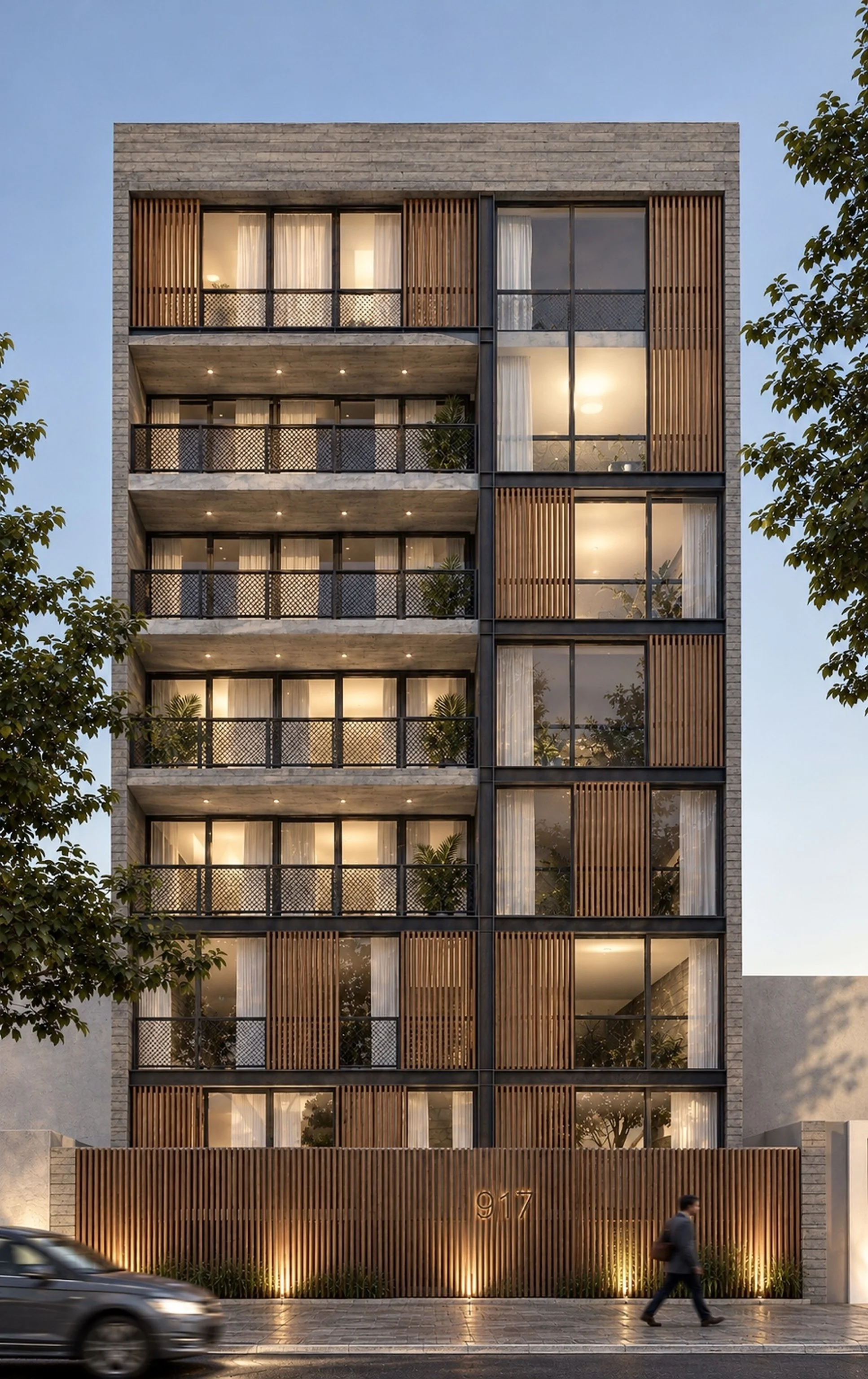 Edificio 917 en Miraflores – render de la fachada con celosías de madera, balcones y cerco de listones – ECKE arquitectos