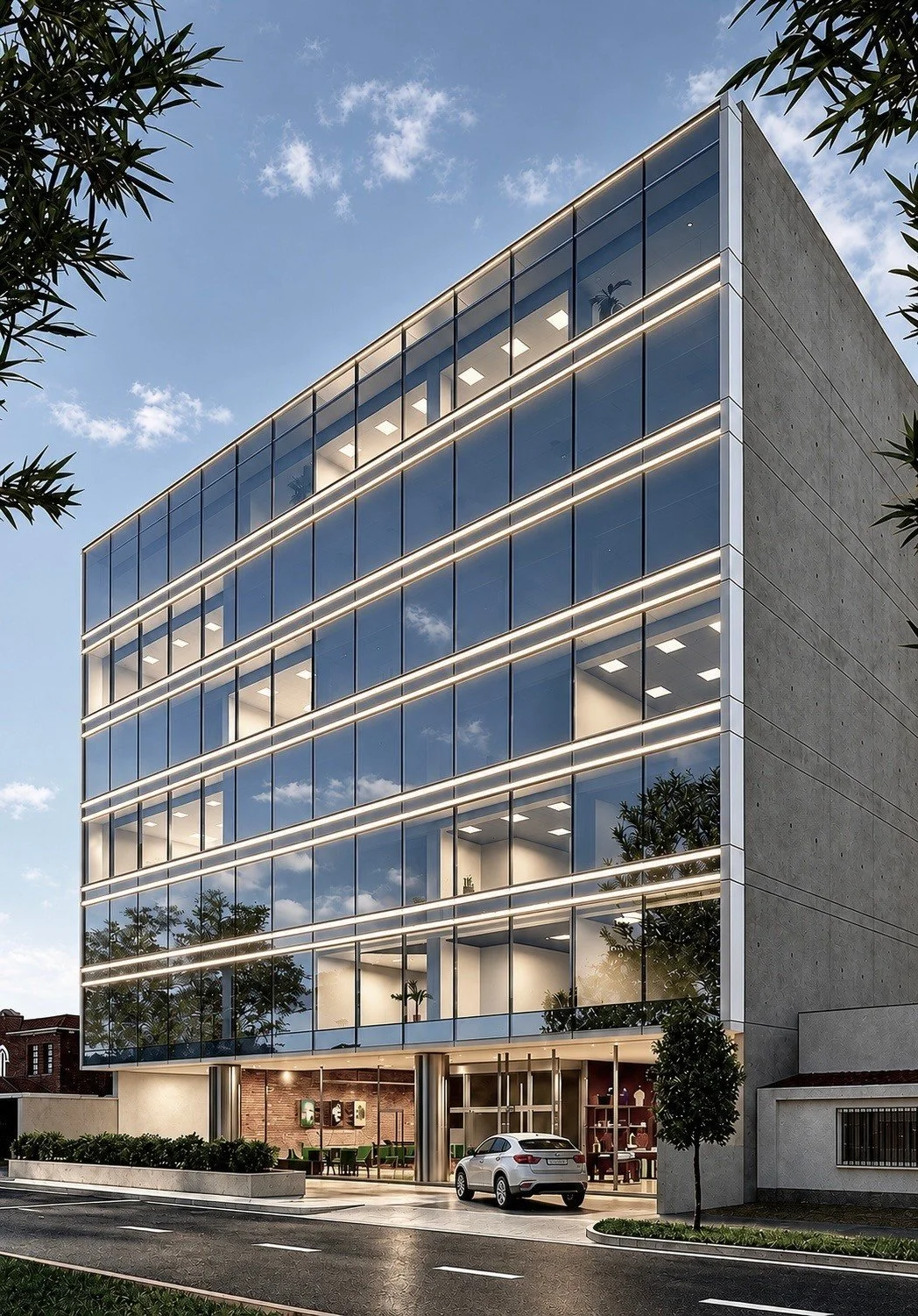 Oficinas Labok en Miraflores, Lima – render de la fachada acristalada al atardecer con bandas de luz horizontales – ECKE arquitectos