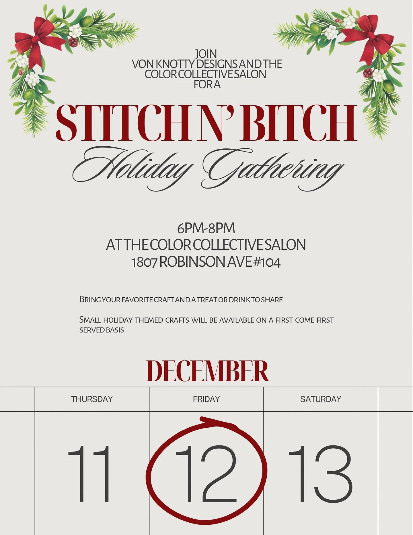 Join us next Friday for a holiday craft night @thecolorcollectivesd ! Bring your favorite craft and a snack to share and chill! We will have a few small holiday themed crafts if you don&rsquo;t have a project to bring 💚

@vonknottydesigns and I can&