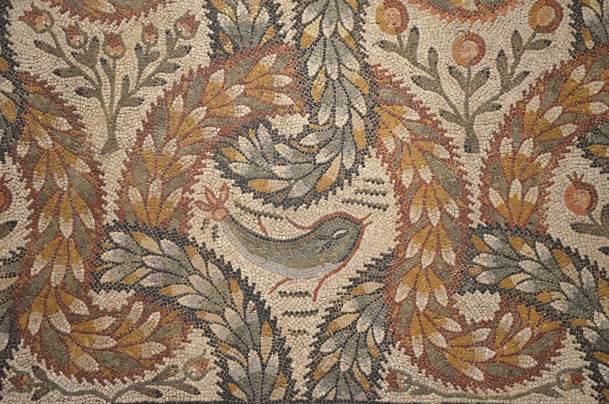 Detail of the Plant Mosaic with dolphin, 4th century AD, found in the Villa del Soto de Ramalete (Tudela, Navarre), National Archaeological Museum of Spain, Madrid