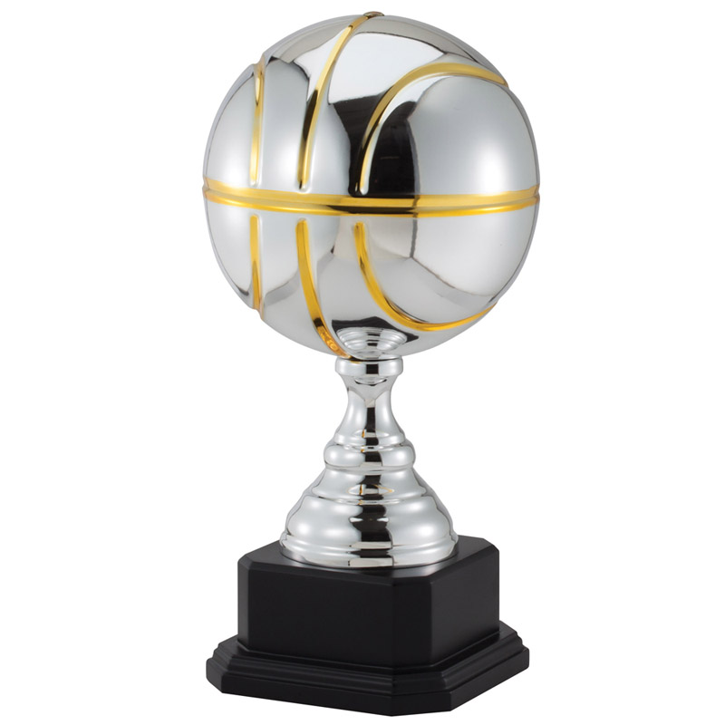 star BASKETBALL trophy  theme ball and net metal insert weighted white base 