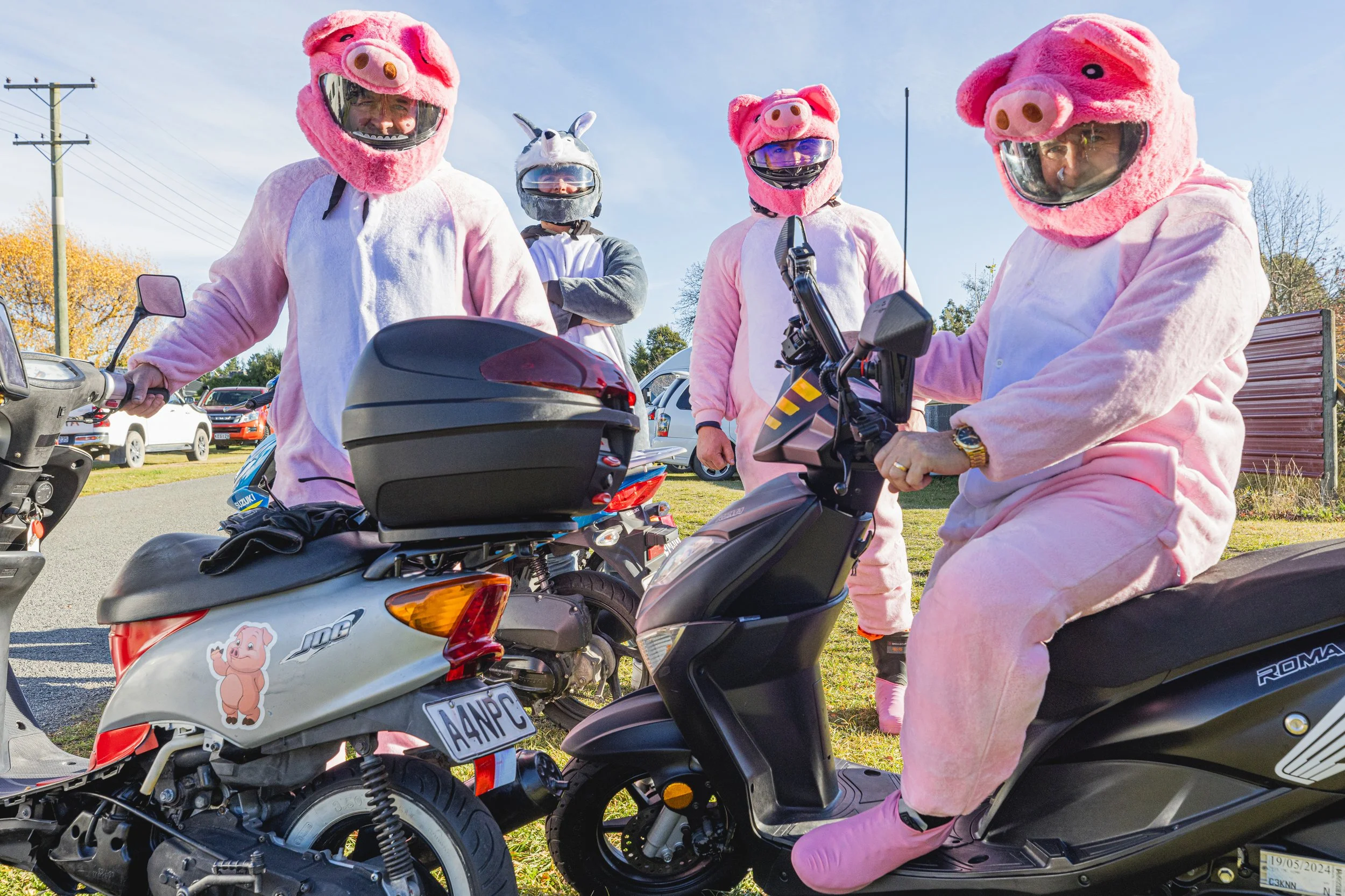 Costumed scooter riders wearing pink pig suits and helmets