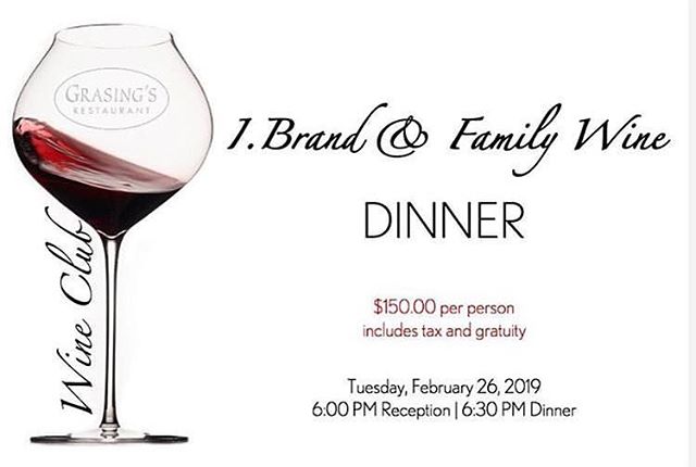 TONIGHT ✨I. Brand &amp; Family Wine Dinner @grasingsrestaurantcarmel 
Link in bio 👆🏼 Please join local winemaking family, Ian &amp; Heather Brand tonight.  A few tickets remain for this evening&rsquo;s intimate dinner, showcasing I. Brand &amp; Fam