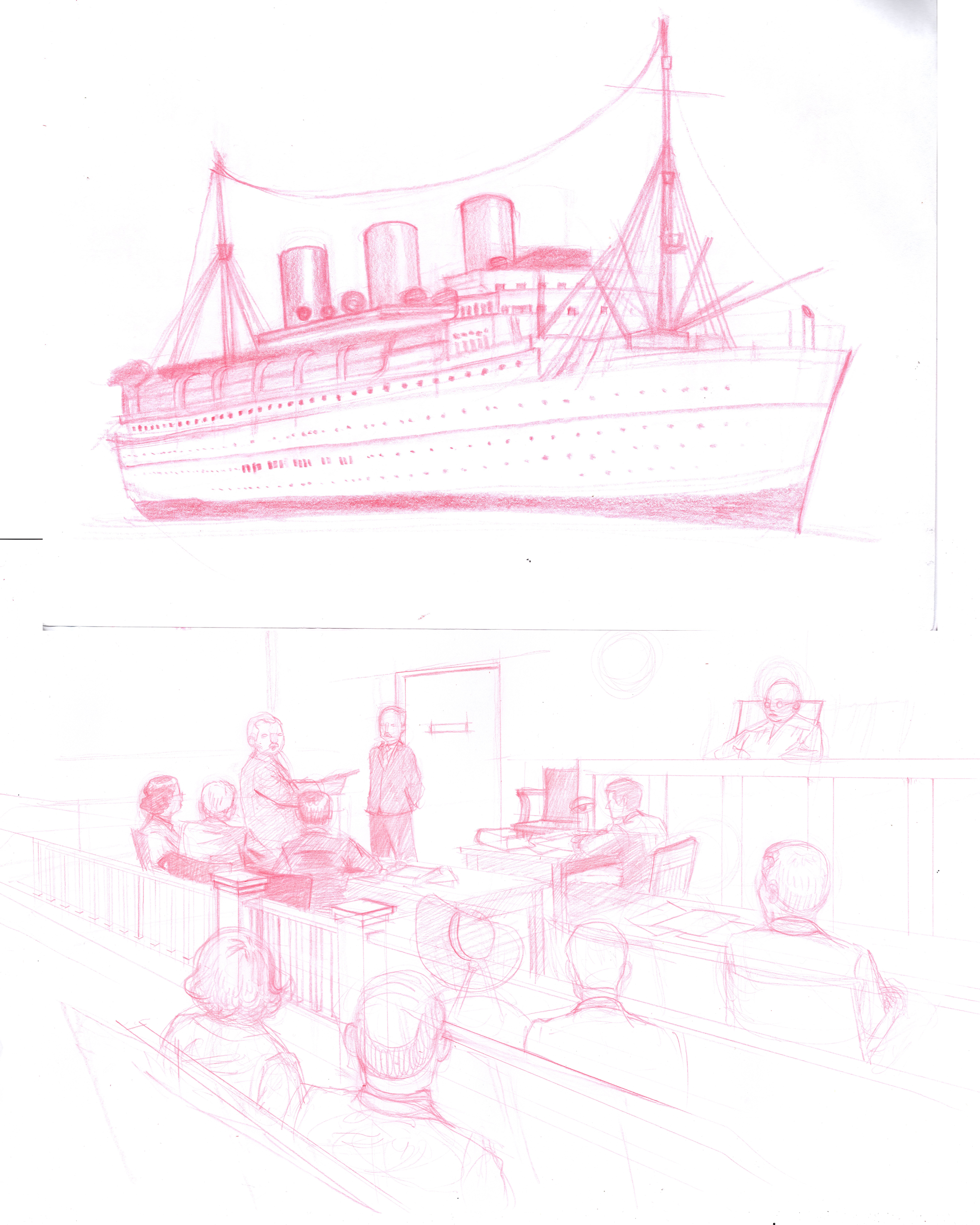 Initial sketches of the a passenger vessel (top) and a court room (bottom).