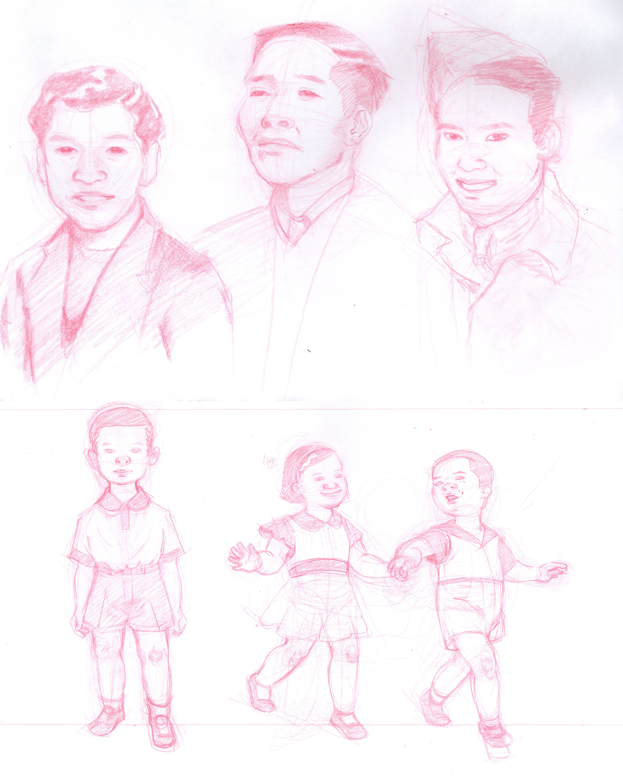 Sketch from a portrait of Choy, Bo Chow, and Tommy (from left to right, top), and sketches of a young Tommy, May, and Choy (from left to right, bottom).