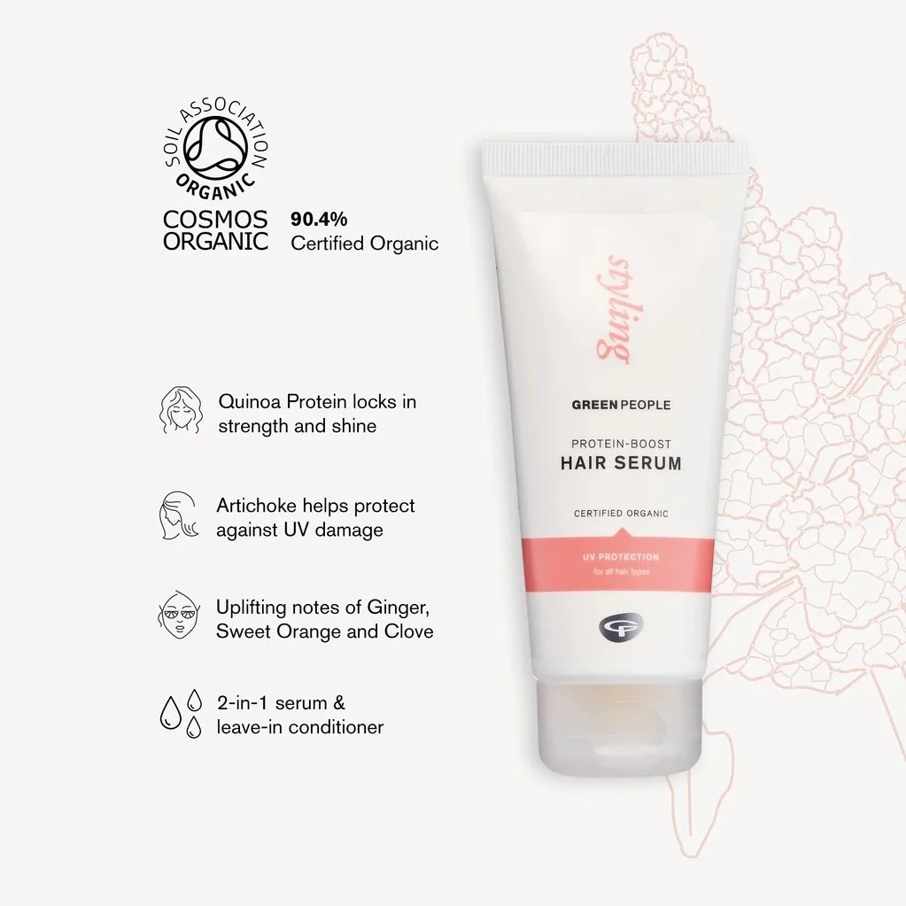 Green People Protein-Boost Hair Serum. Nature&rsquo;s extra touch for naturally healthy hair. New formula! Now, with enhanced sun damage protection. Smooth your style with our natural and organic hair serum. Light hold but high shine, a little of thi