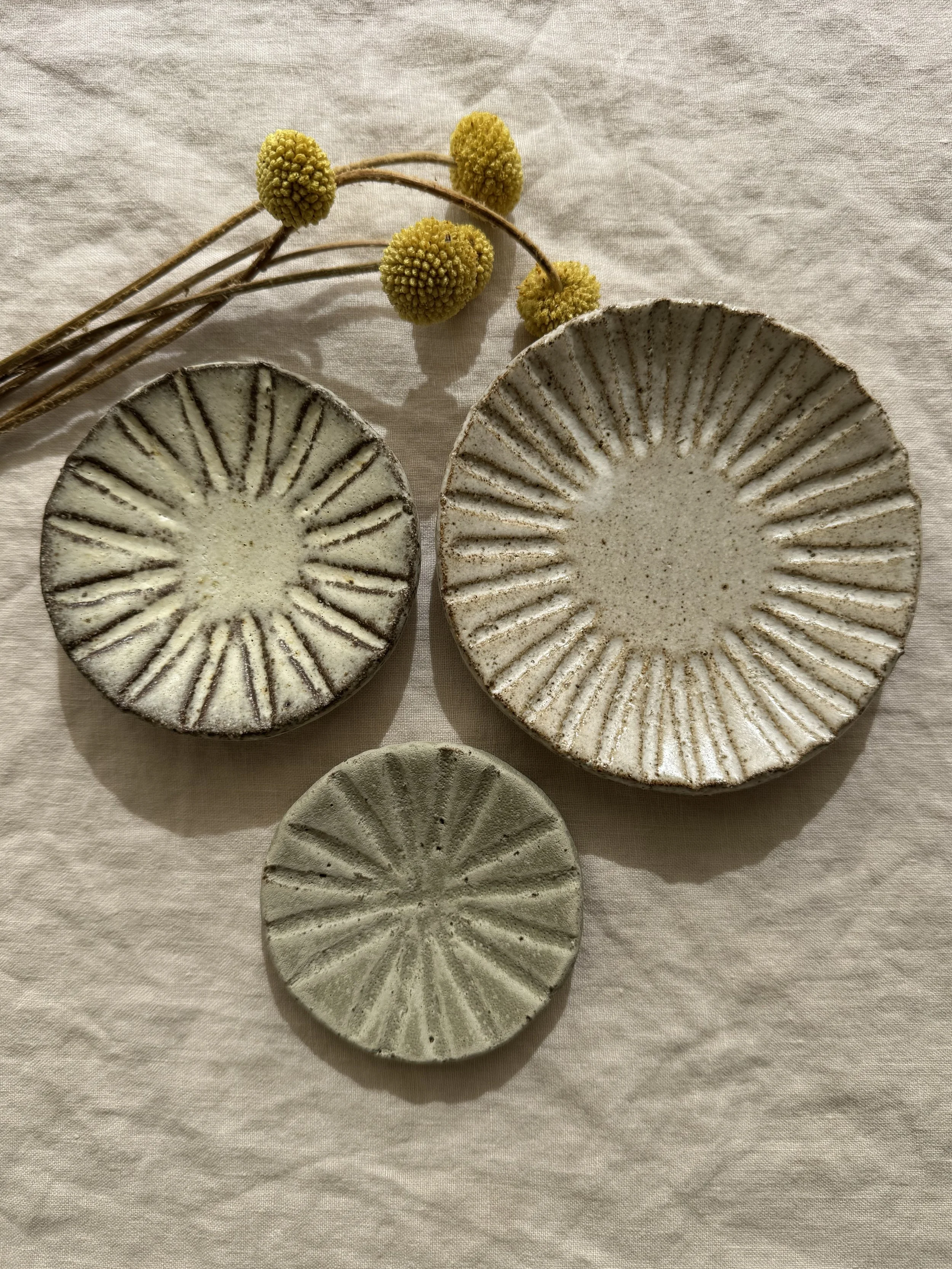 Set of Three Lovely Small Carved Handmade Stoneware Dishes by Splendid Wren Ceramics - Condiment Dishes, Salt Dishes, Jewellery Dishes #002