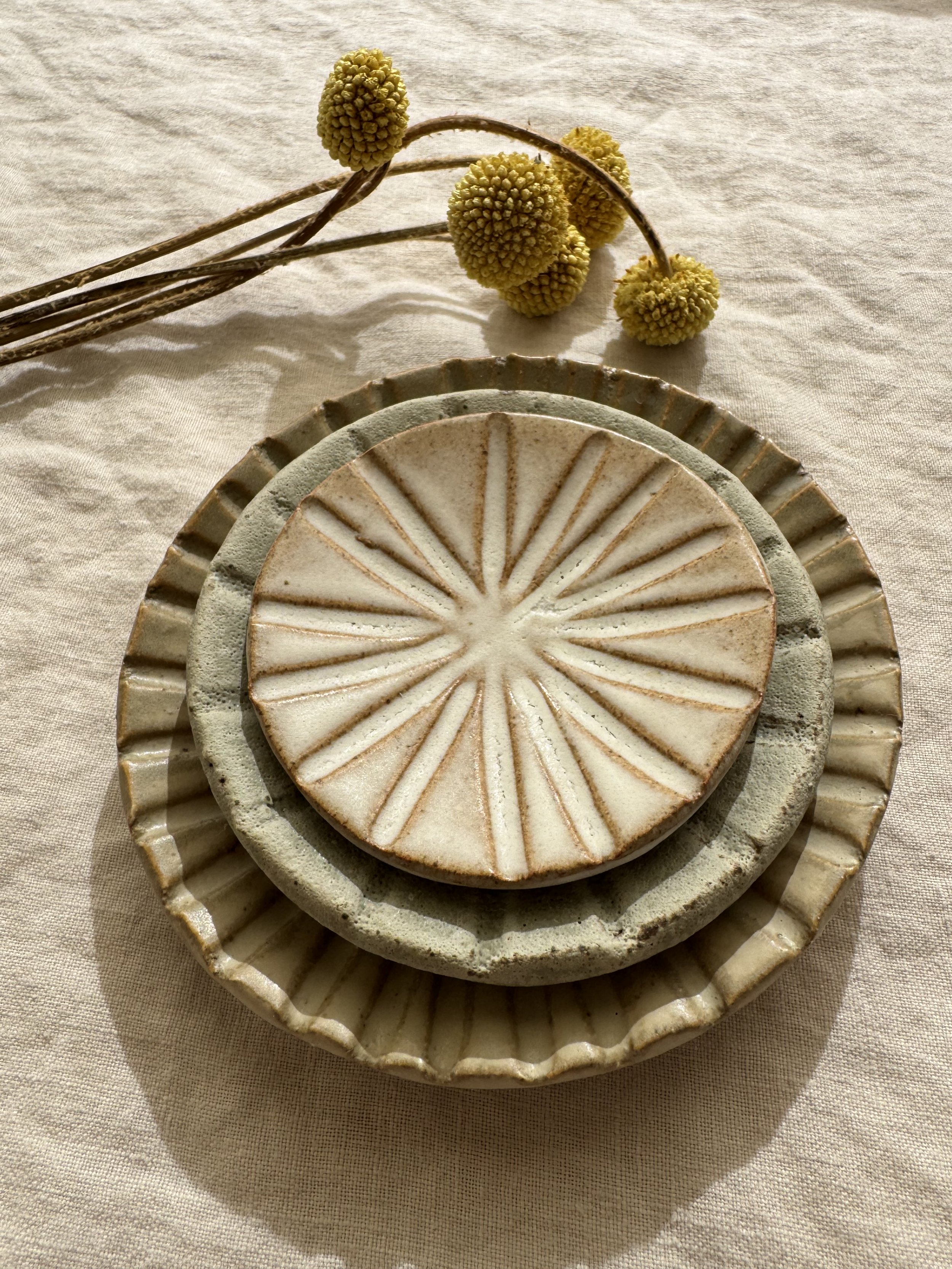 Set of Three Lovely Small Carved Handmade Stoneware Dishes by Splendid Wren Ceramics - Condiment Dishes, Salt Dishes, Jewellery Dishes #003