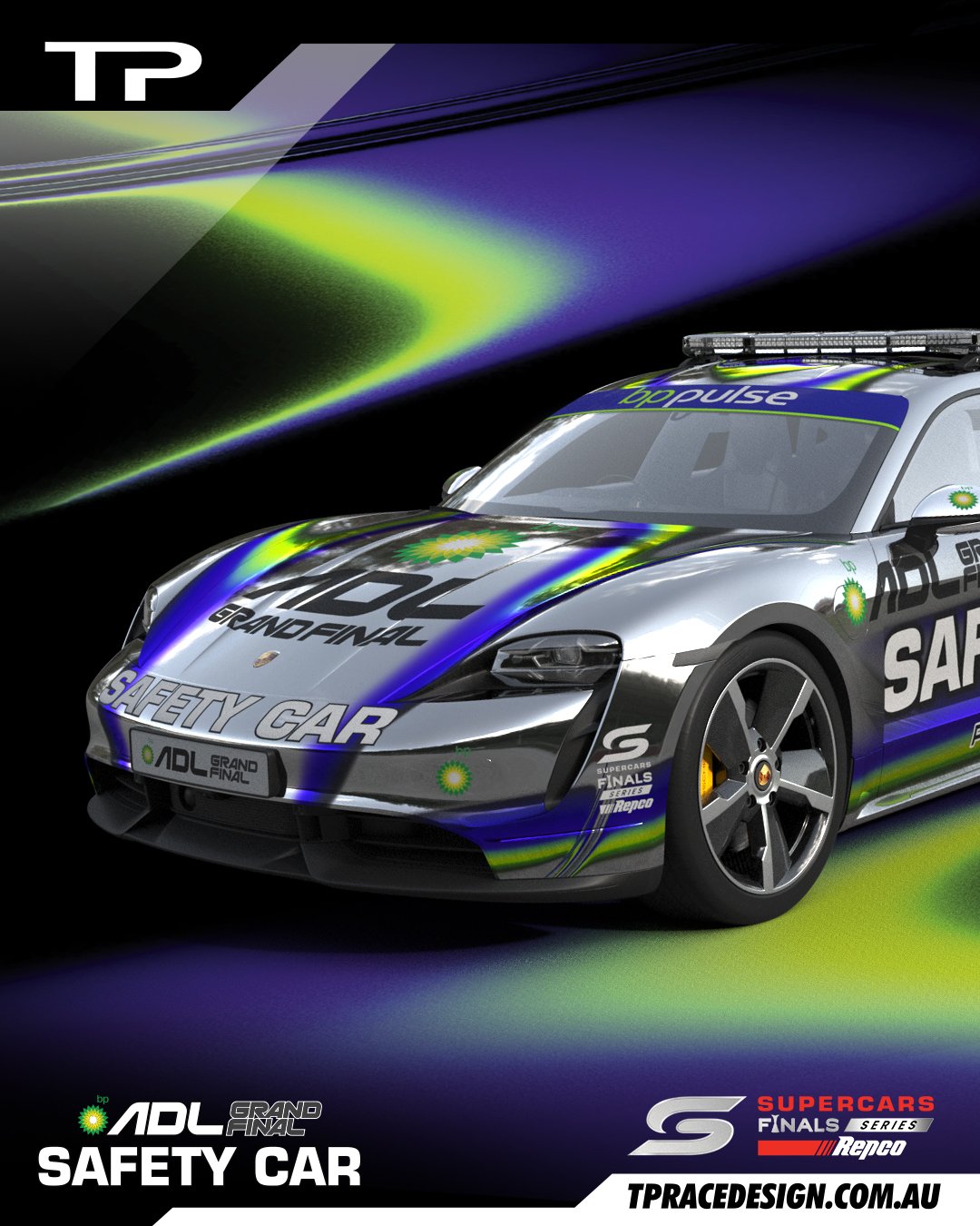 Excited to show of our new design for the @supercarschampionship @bp_ultimate_racing_ Safety Car with an electrifying new look for the @adl.gf 

If required on track, it will be impossible to miss.

#TPRaceDesign #Supercars #SafetyCar #ADLGF #RepcoSC