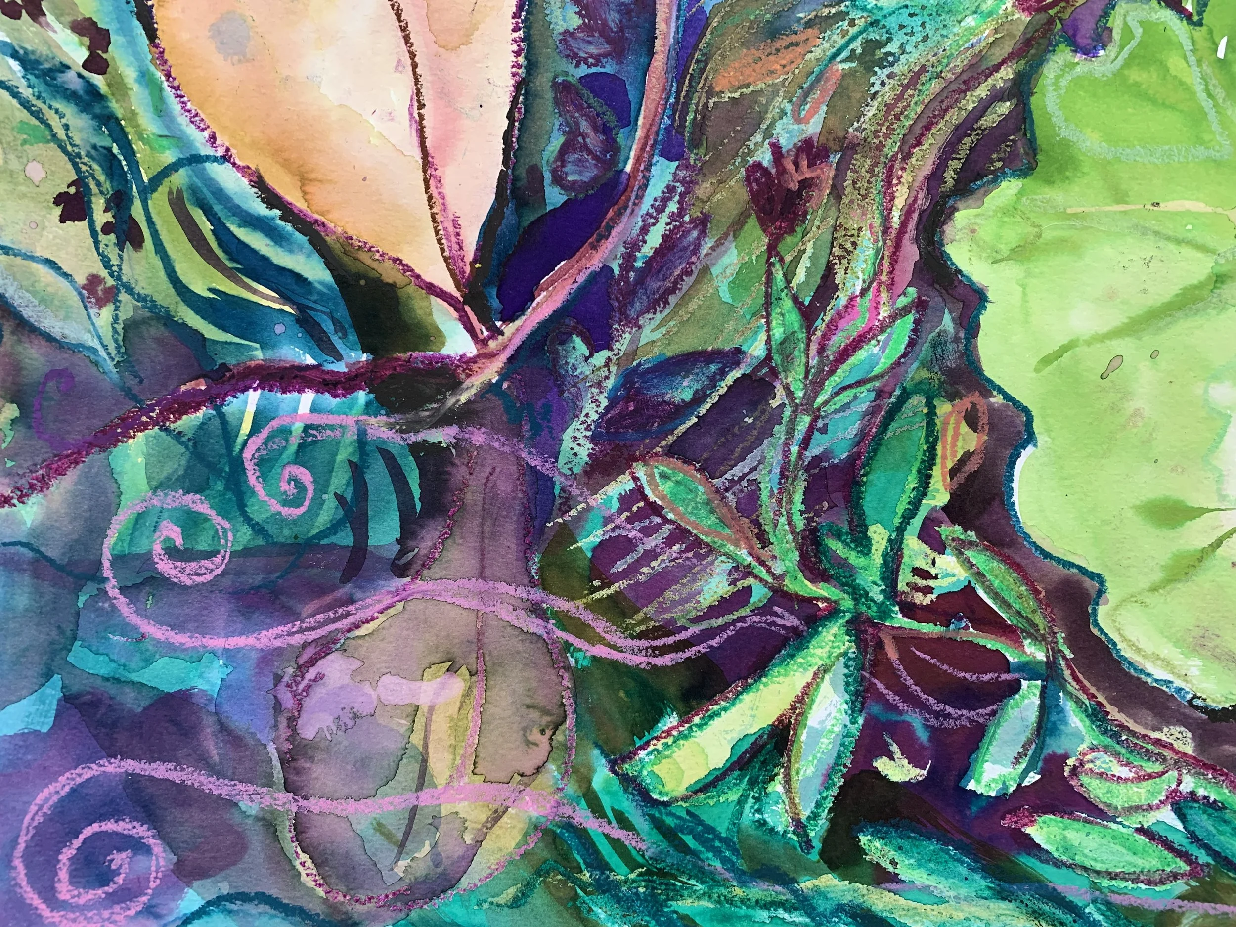 Composition from “Seeded,” watercolor and oil pastel on paper.