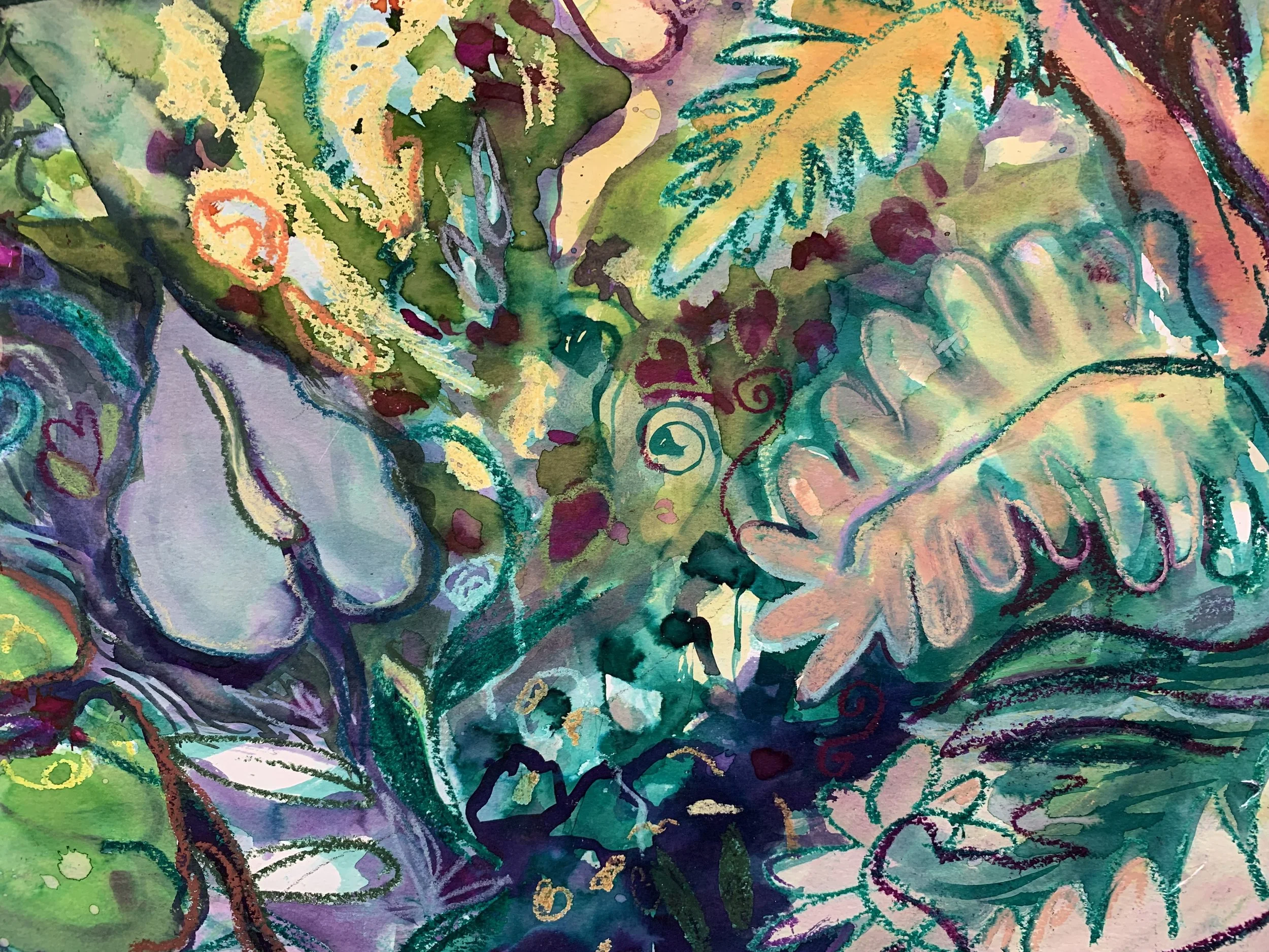 Composition from “Seeded,” watercolor and oil pastel on paper.