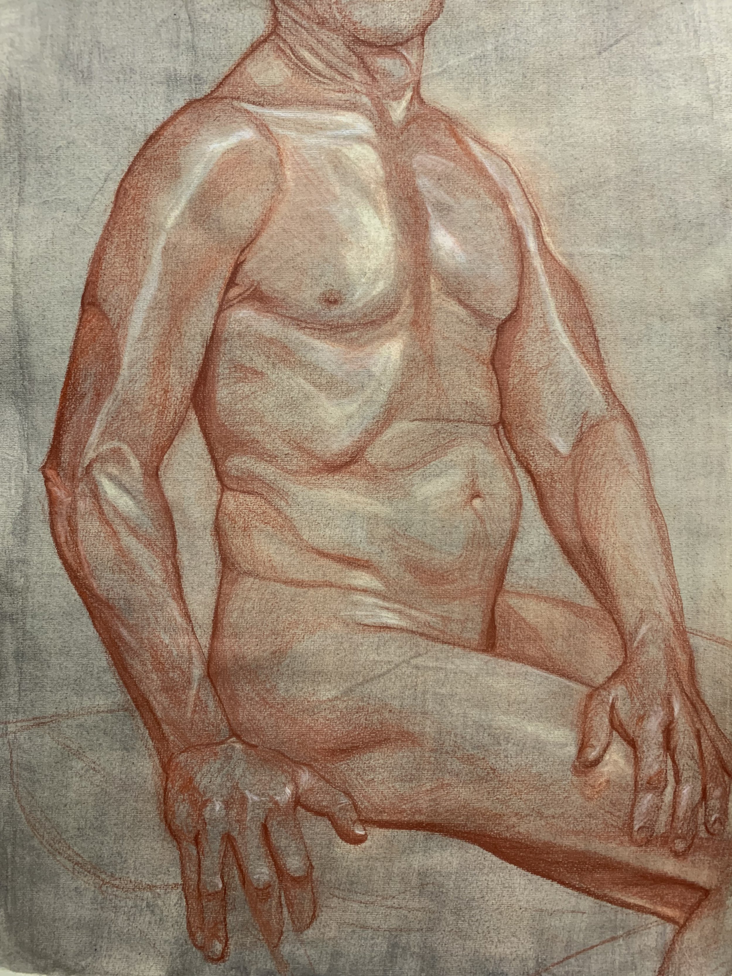  1 day figure drawing session from life, red chalk on hand-toned paper, 18x24”, 2021.  