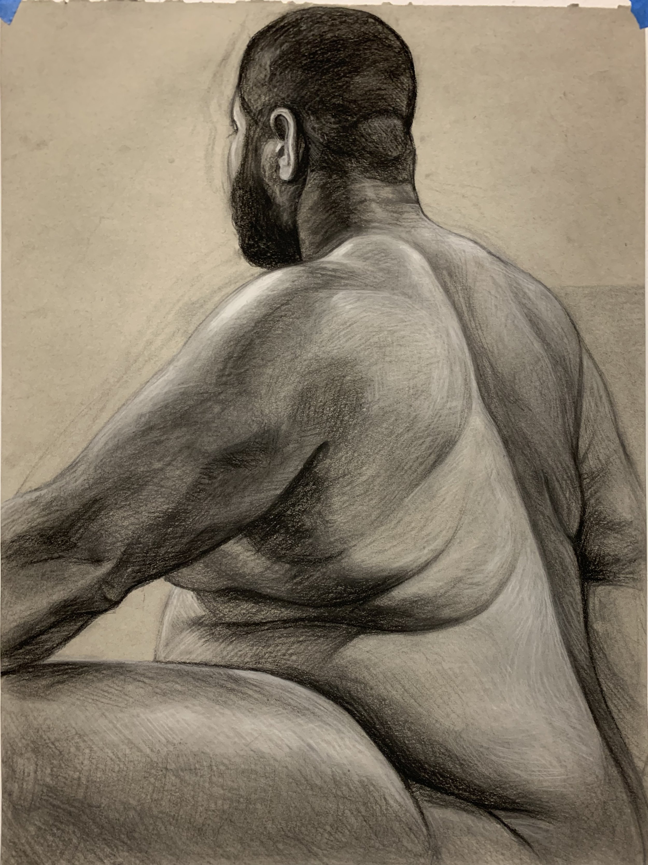  3 session figure drawing from life, charcoal on toned paper, 18x24, 2021. 