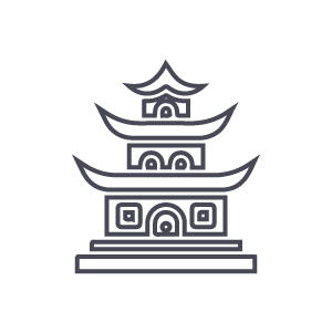 Line drawing of a traditional Asian pagoda with multiple tiers and curved eaves.