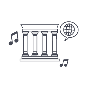 Outline drawing of a classical building with musical notes and a globe surrounding it.