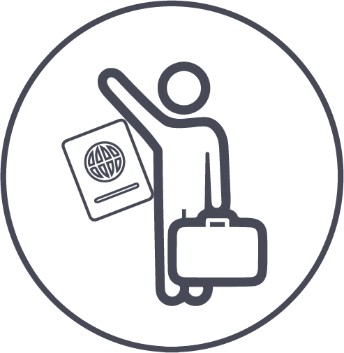 Icon of a person holding a suitcase, waving with their other hand, and carrying a passport.