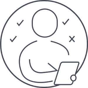 Icon of a person using a laptop with checkmarks and crosses around them, representing decision-making or analysis.